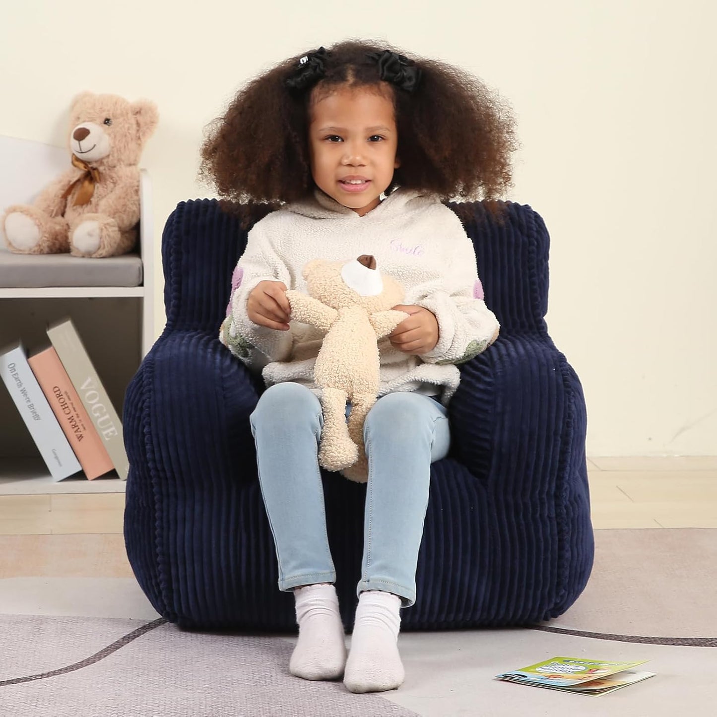 Kids Bean Bag Chair with a Plush Bear, Comfy Toddler Chair for Boys and Girls, Dark Blue