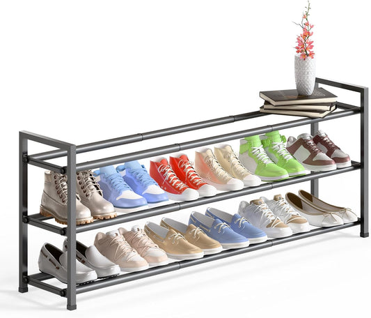 Bumusty 3-Tier Long Expandable Shoe Rack for Closet, 18"-44" Adjustable Shoe Rack for Entryway, 15-18 Pairs Large Shoe Organizer Shelf Storage, Sturdy Metal, Grey