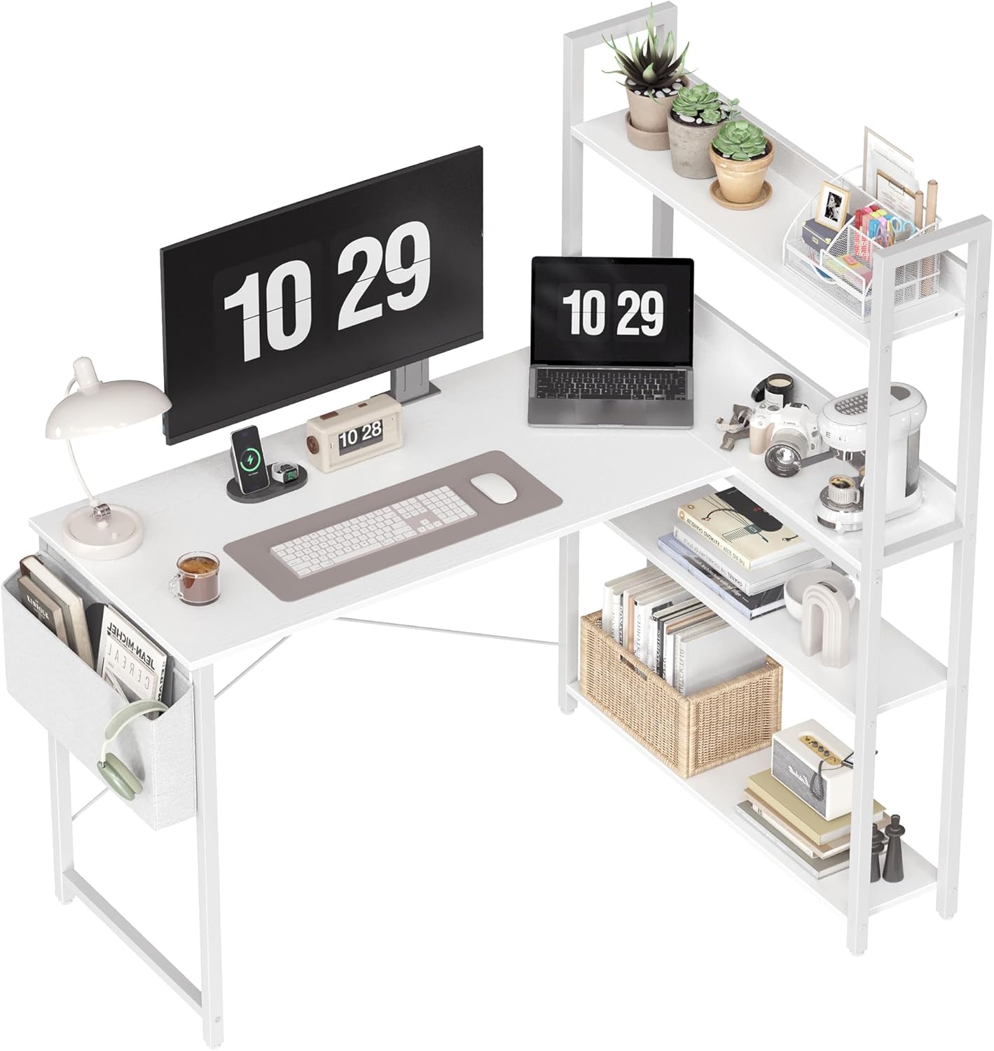 Treesland 47 Inch Computer Desk with Bookshelf, Corner Desk with Storage, L Shaped Desk, Home Office Desks, Writing Study Desk for Bedroom, White