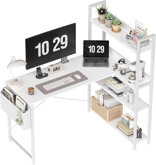 Treesland 47 Inch Computer Desk with Bookshelf, Corner Desk with Storage, L Shaped Desk, Home Office Desks, Writing Study Desk for Bedroom, White