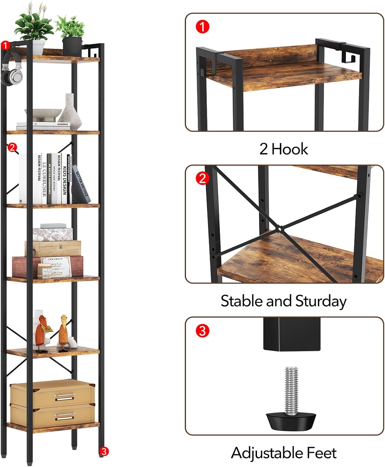 5 Tier Bookshelf, Bookcase with 5 Shelves, Storage Rack Organizer, Corner Wood Storage Shelf with Metal Frame for Bedroom, Living Room (Rustic Brown)