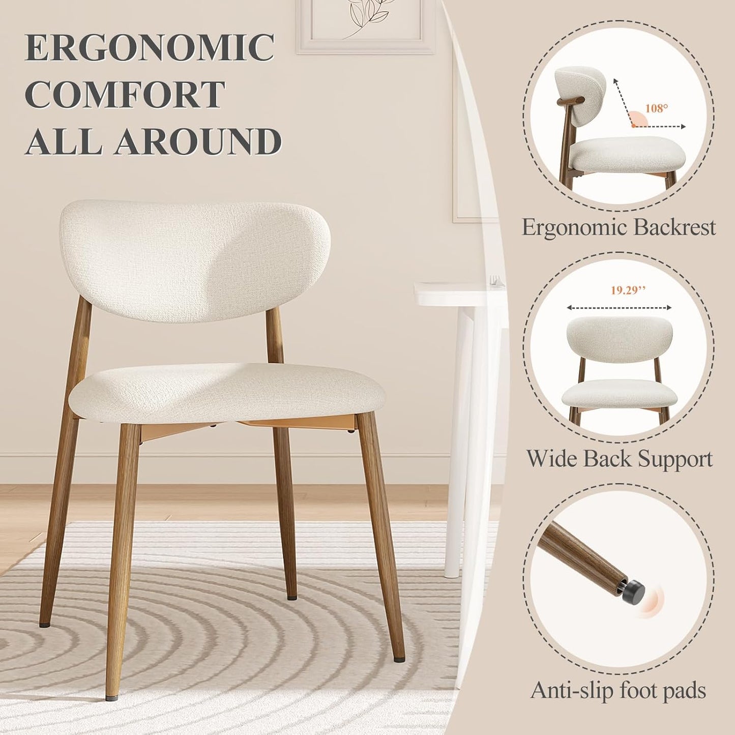 Dining Chairs Set of 6, Ergonomic Fabric Upholstered Seating with Wood Look Metal Legs and Anti Slip Pads, for Home and Restaurant Use, Beige