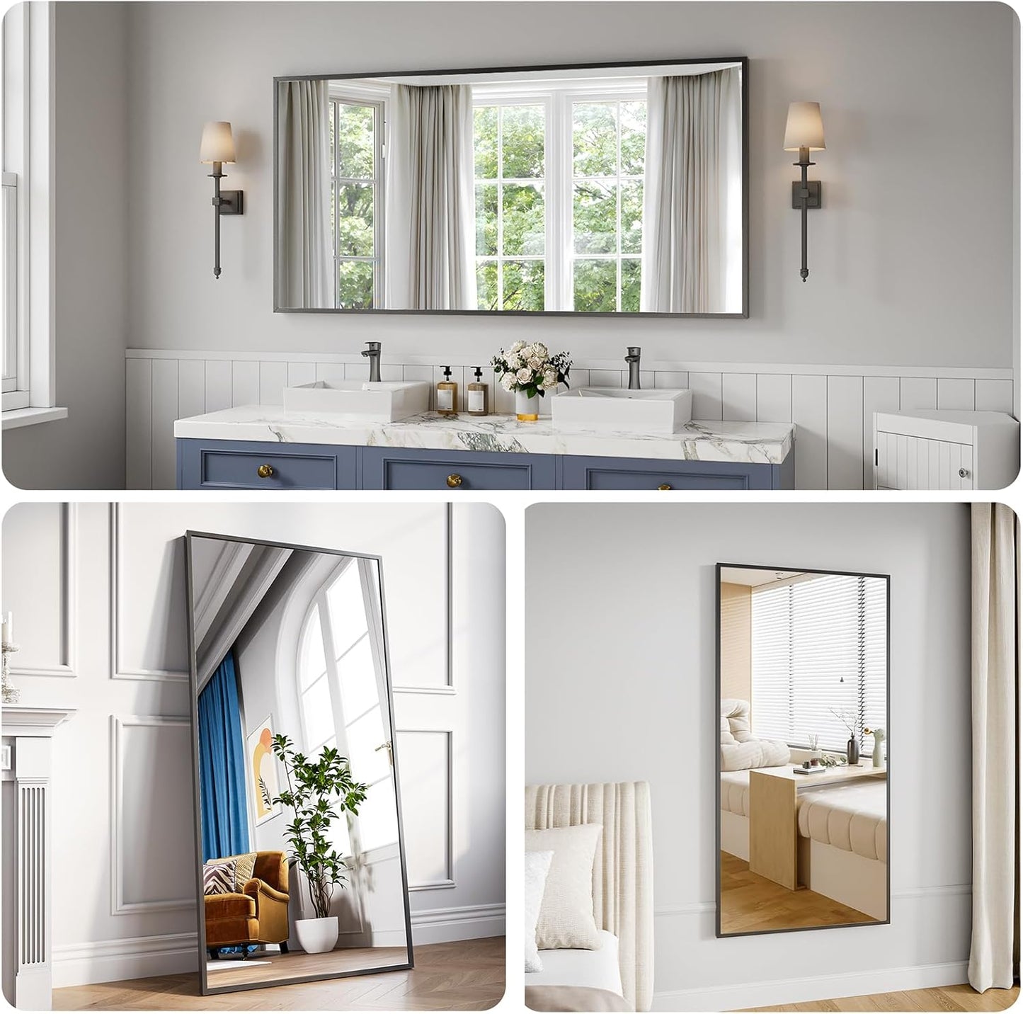 Bathroom Mirror 30x60 Black Bathroom Wall-Mounted Mirrors, Modern Vanity Mirror for Bedroom, Living Room, Aluminum Alloy Frame Allow to Hang Horizontally or Vertically