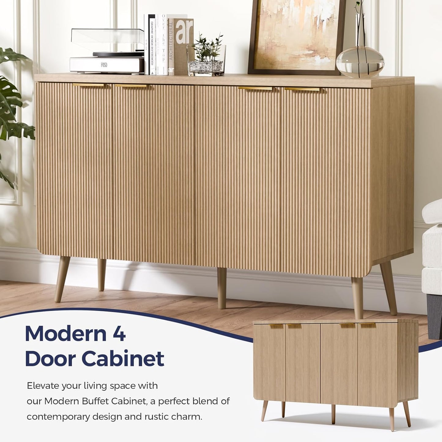 47.2" Buffet Cabinet with 4 Doors, Accent Sideboard Cabinet with Adjustable Shelf, Dining Room Sideboard with Waveform Panel, Credenzas for Living Room, Hallway, Natual Oak