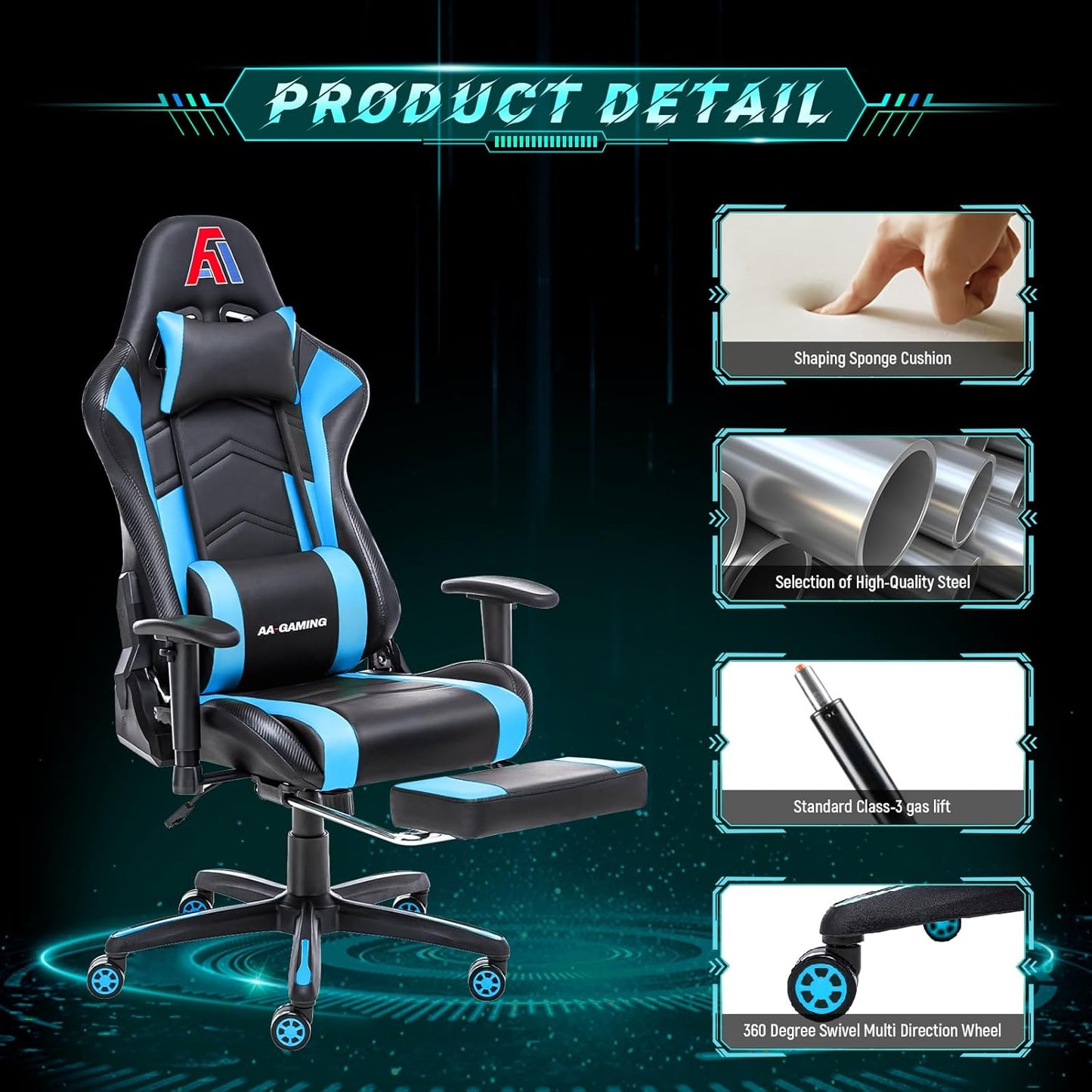 AA Products Gaming Chair Ergonomic High Back Computer Racing Chair Adjustable Office Chair with Footrest, Lumbar Support Swivel Chair - Upgraded Version BlackBlue