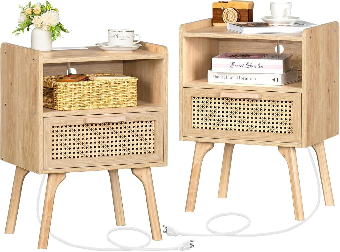 Lerliuo Rattan Nightstands Set of 2 with Charging Station, Boho Side Table with Drawer Open Shelf, Cane Accent Bedside End Table with Solid Wood Legs for Bedroom, Dorm and Small Spaces (Natural)