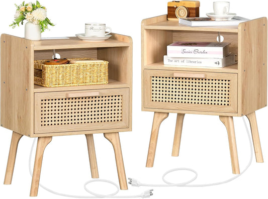 Lerliuo Rattan Nightstands Set of 2 with Charging Station, Boho Side Table with Drawer Open Shelf, Cane Accent Bedside End Table with Solid Wood Legs for Bedroom, Dorm and Small Spaces (Natural)