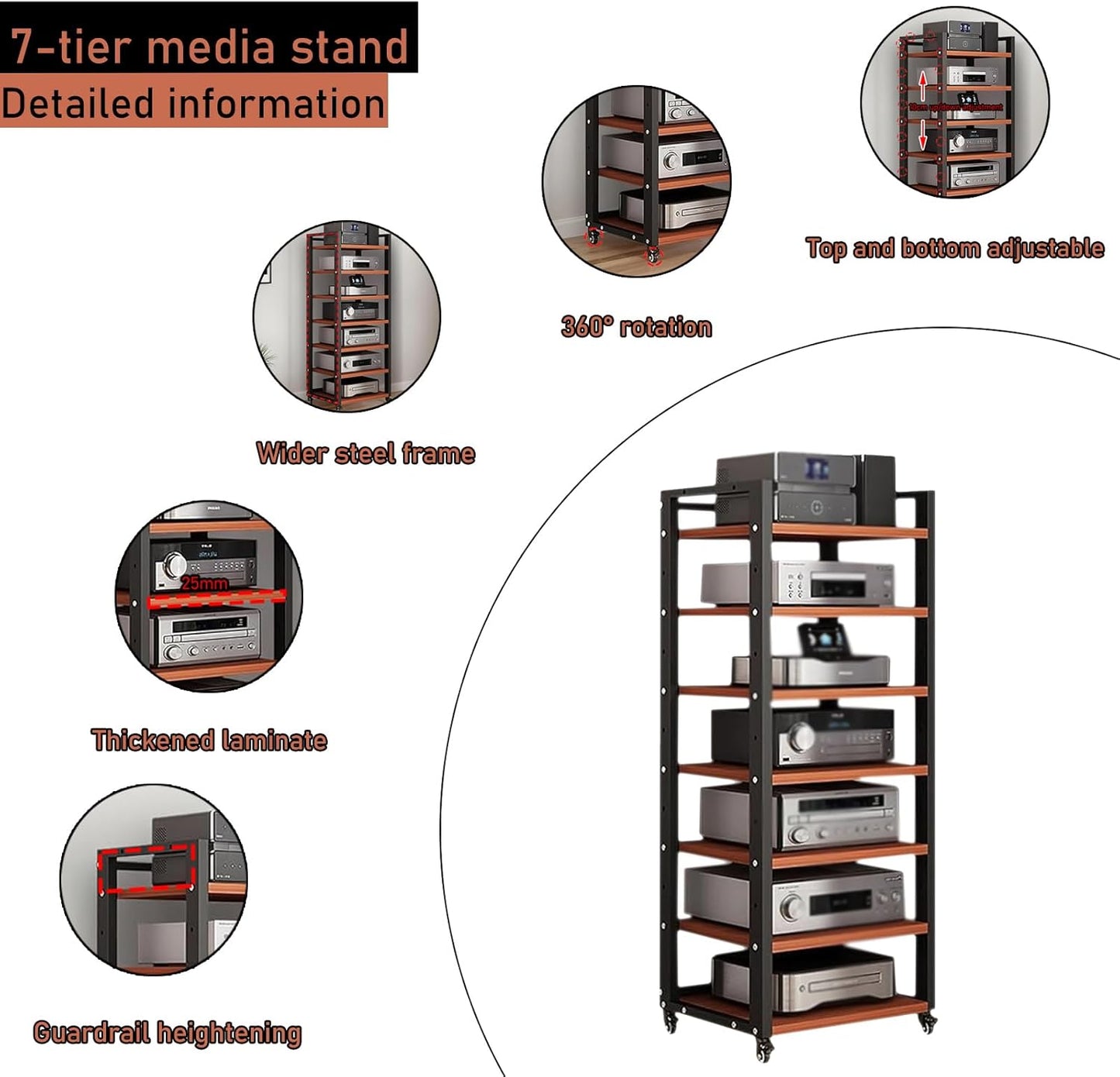 7 Tier Audio Rack Tower, CD Record Player Stereo Receiver AV Equipment Cabinet Display Rack, Weight capacity 661 lbs, with Adjustable Wooden Shelves for Home (TEAKWOOD, 7 TIER 55×19.7×15.7IN)
