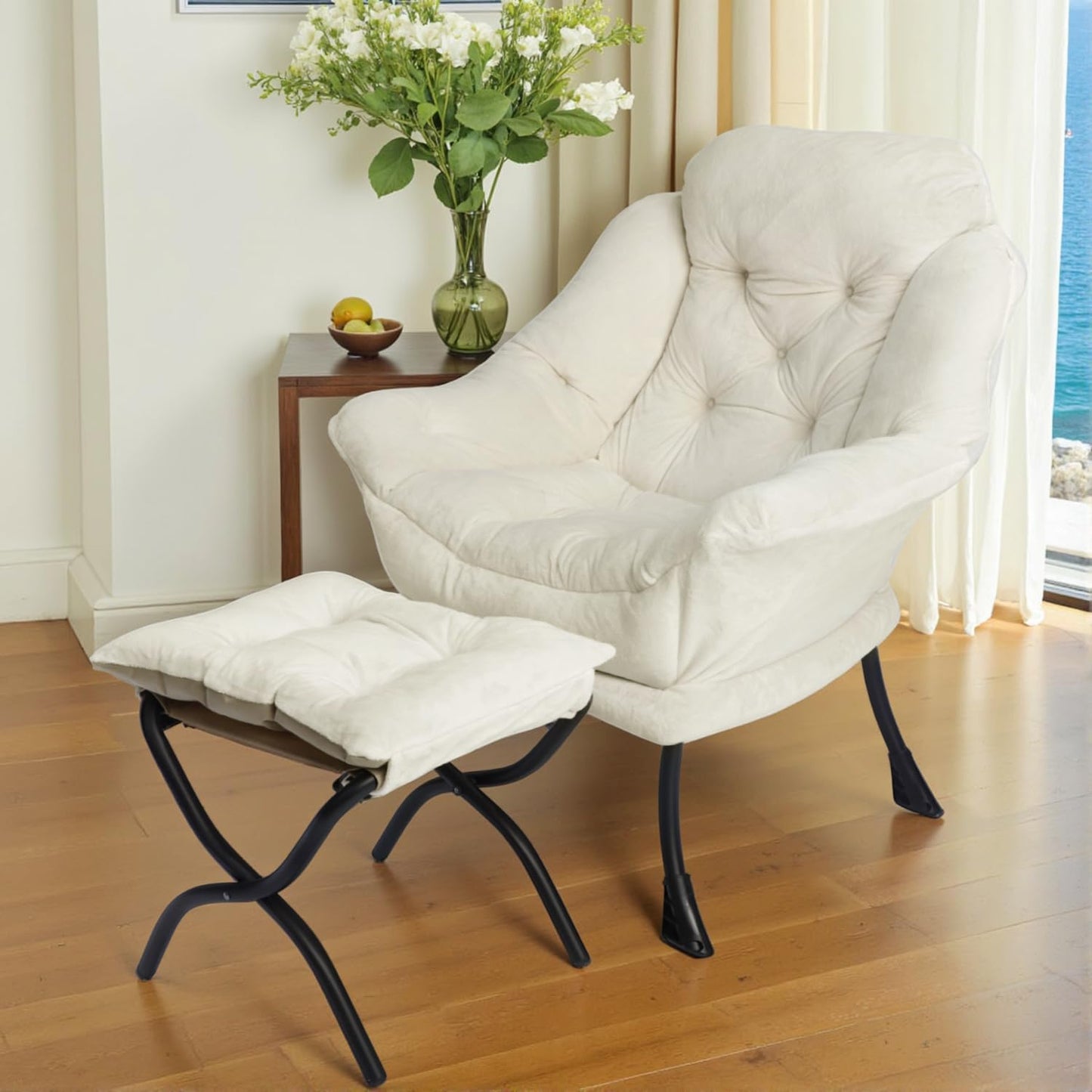 Lazy Chair with Folding Ottoman,Living Room Chairs, Accent Contemporary Lounge Chair, Single Steel Frame Leisure Sofa Chair with Armrests and A Side Pocket (Beige-1130)