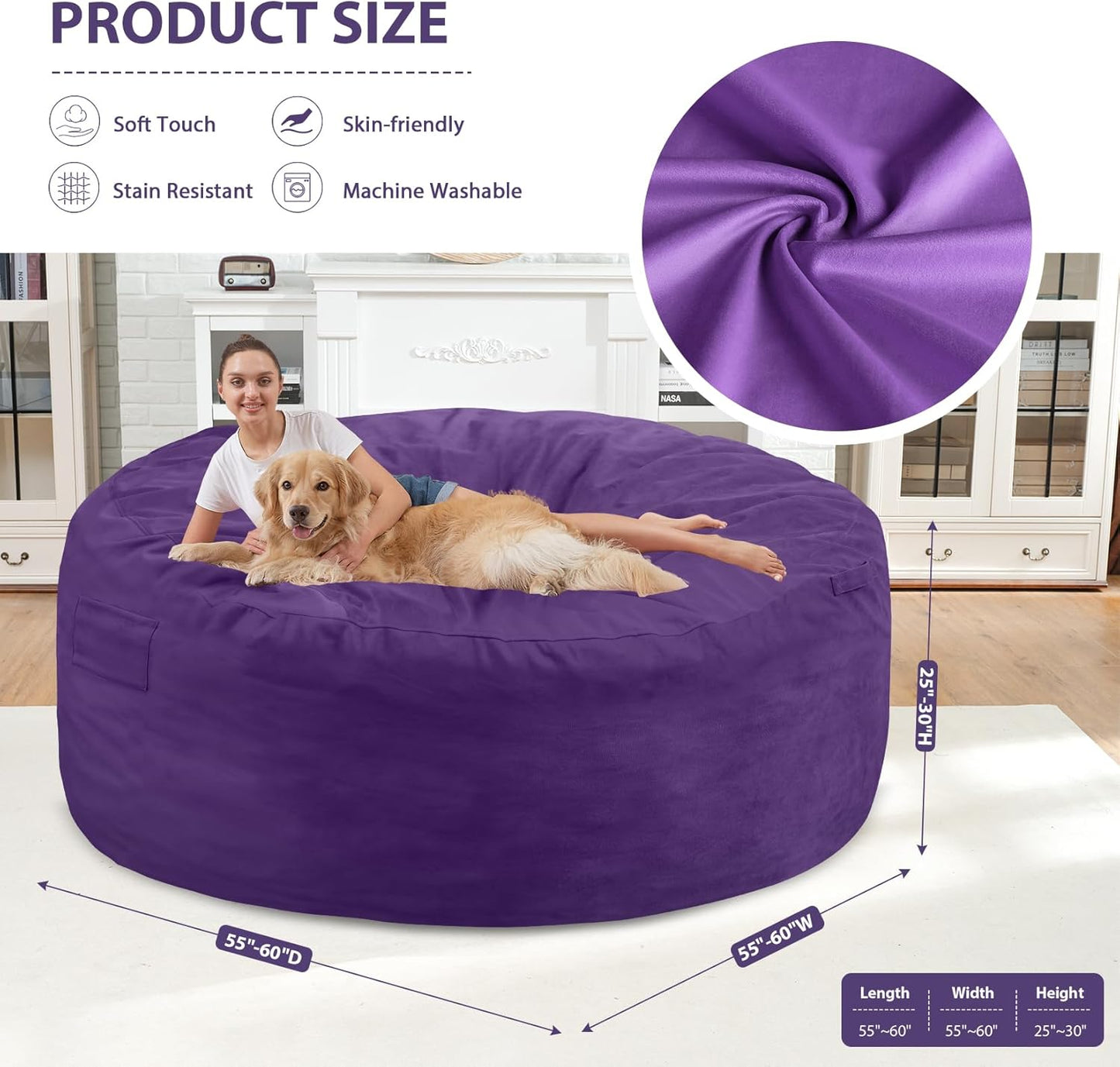 6FT Bean Bag Chair, Large Bean Bag Chairs with Memory Foam Filled, Fluffy Beanbag Sofa with Dutch Velvet Cover, Round BeanBag Chairs for Living Room, Playroom - Purple