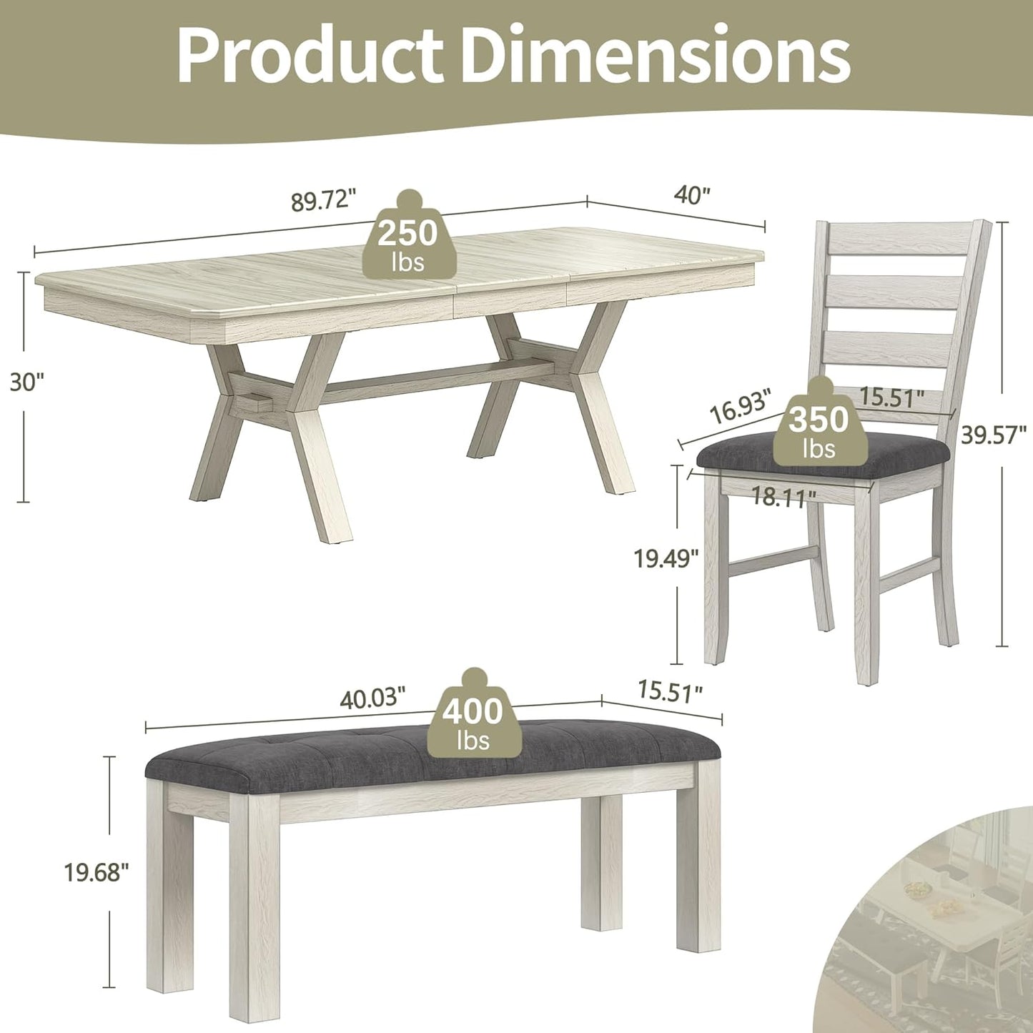 6-Piece Solid Wood Dining Table Set for 6, Modern Breakfast Dinette Kitchen Table with Bench & Chairs for Dining Room, Kitchen, Grey
