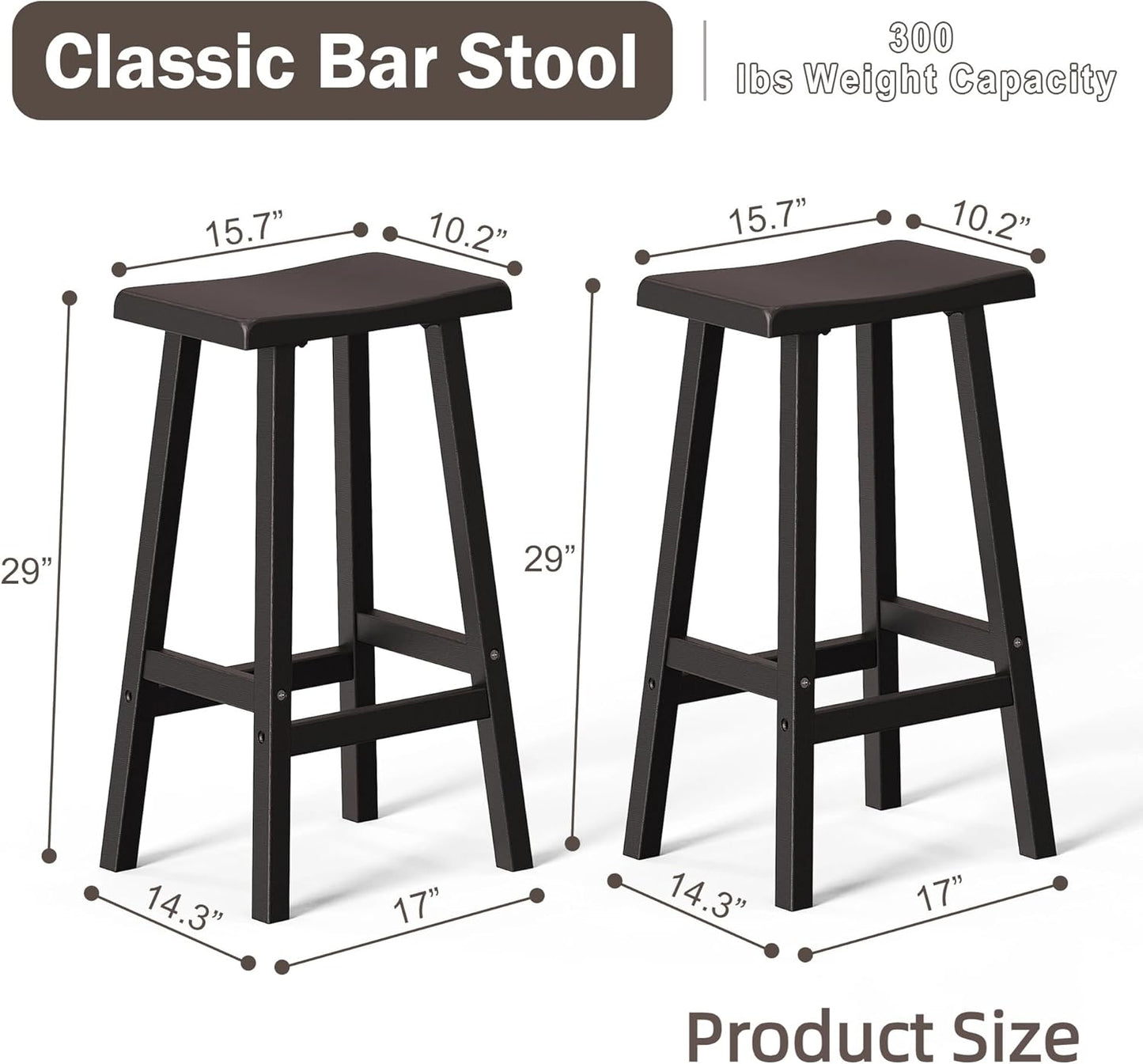 29" H Bar Stools Set of 2 - Classic Saddle Seat with Footrest, Resin Kitchen Counter Stool, Anti-Slip & Waterproof - Tall Barstools for Bar, Kitchen, Dining Room, Lounge - Black