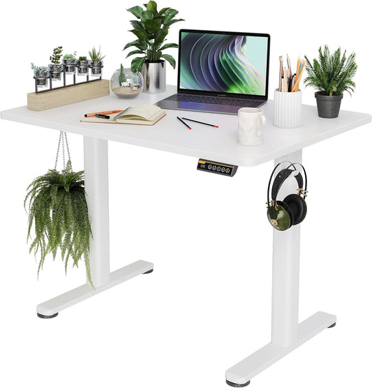 Claiks Electric Standing Desk, Adjustable Height Stand up Desk, 40x24 Inches Sit Stand Home Office Desk with Splice Board, White Frame/White Top