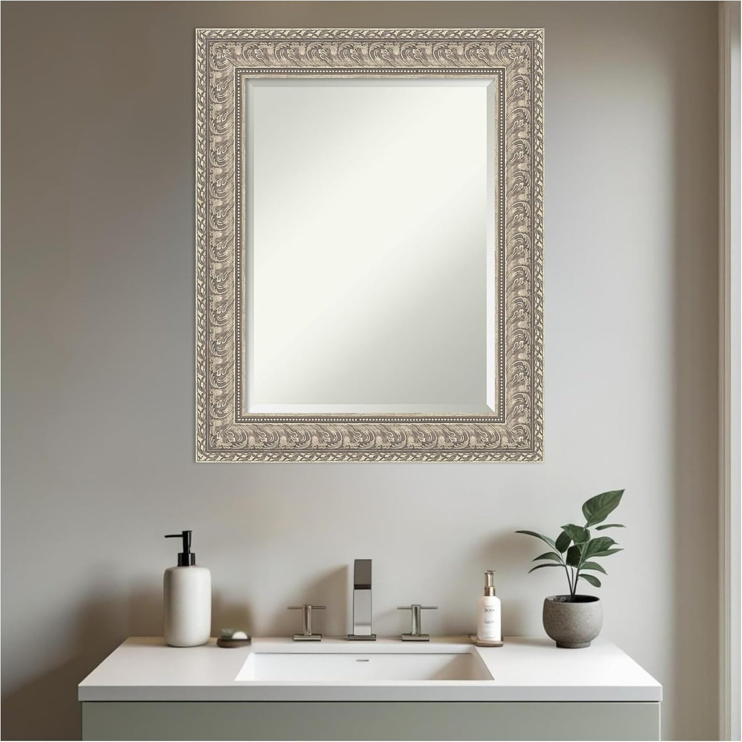Amanti Art Silver Bathroom Mirror for Over Sink, 31x25 Sydney Silver Rectangle Vanity Mirror, Medium Traditional Frame, Hangs Horizonally and Vertically, Bathroom Wall Decor, Beveled Edge