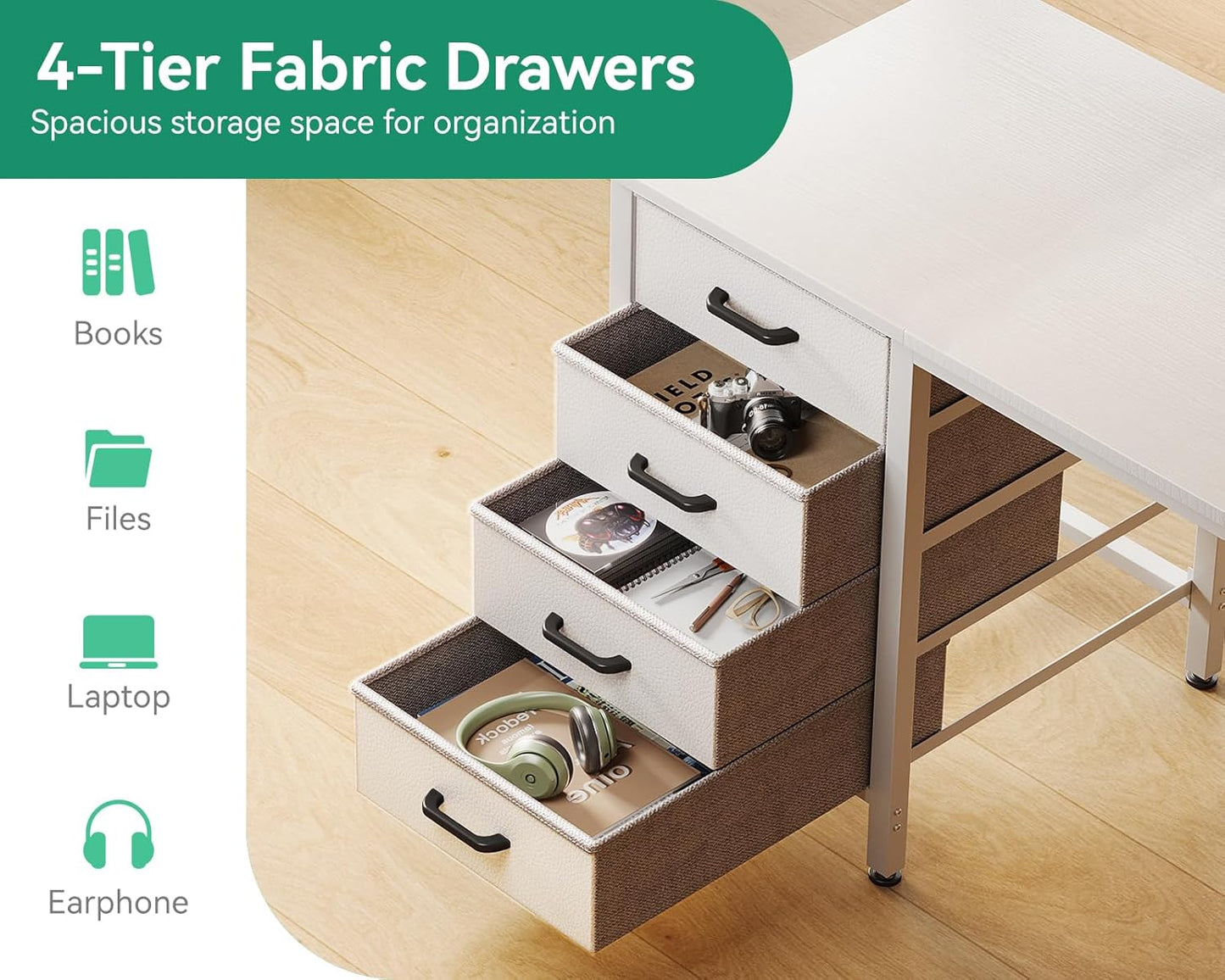 Casaottima 32 inch Small Computer Desk with 4 Fabric Drawers, Side Hook and Cloth Bag, Kids Study Table for Bedroom and Small Space, Pure White