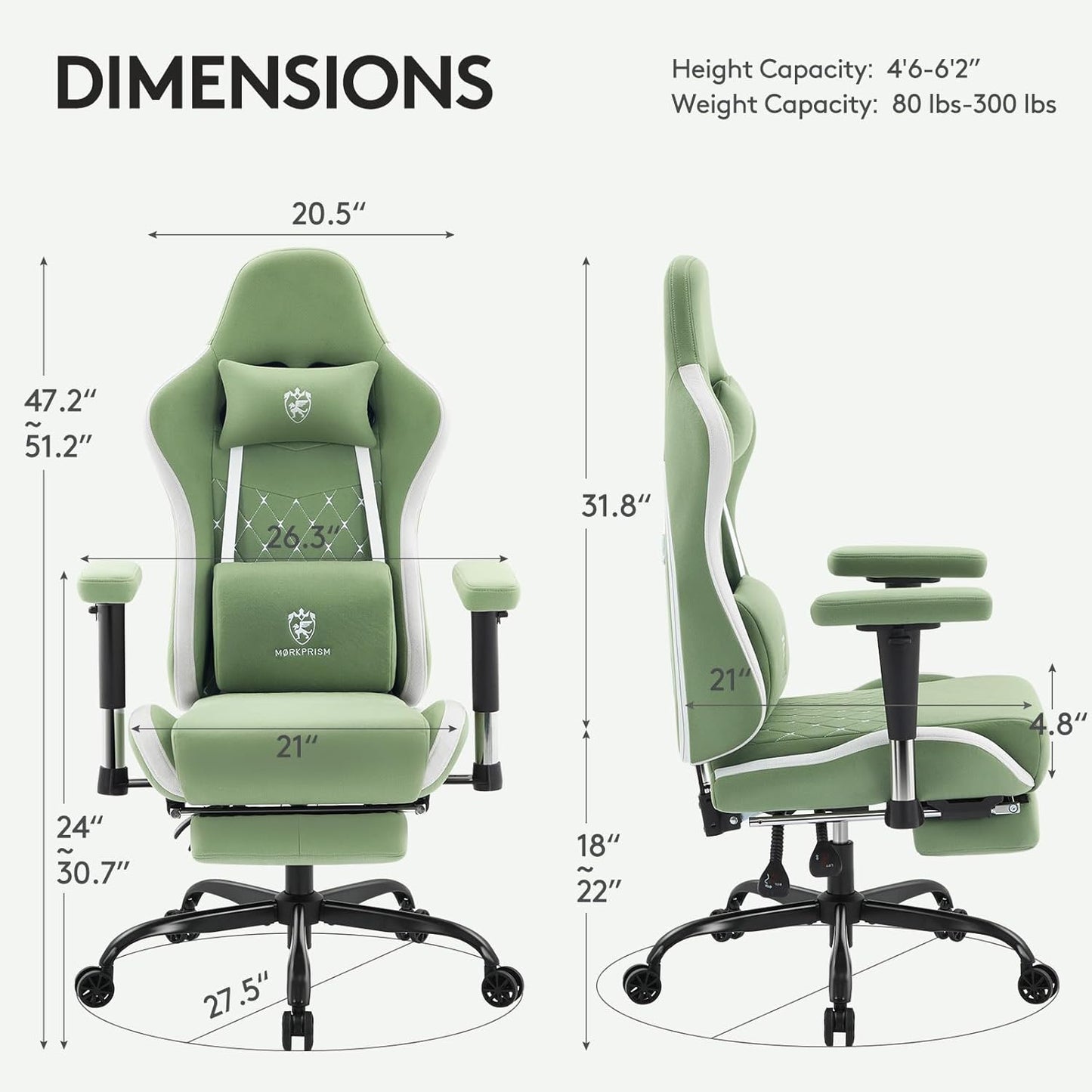 Gaming Chair Breathable Fabric,Computer Office Chair with Footrest,Massage Lumbar Support and Gel Pad,Ergonomic Reclining Gamer Chair with Adjustable Armrests and Spring Cushion Green