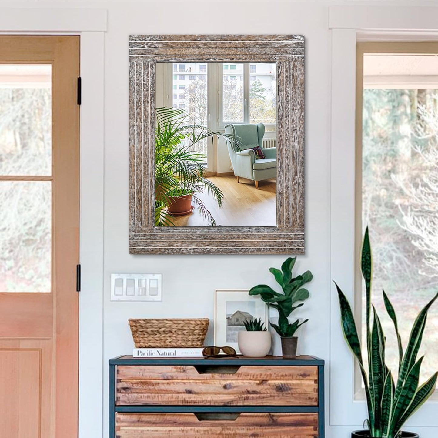 Wall Mirror Rustic Wooden Frame Rectangle Mirror Vintage Hanging Mirror for Bedroom Bathroom Living Room Farmhouse Wall Decor Large 26" x 18"