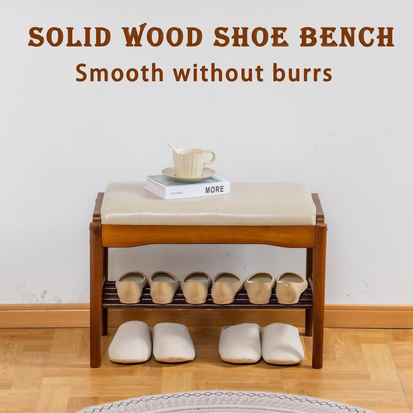 latifolia Small Shoe Bench, Solid Wood Bench with Cushion, 2 Tier Shoe Storage Organizer for Entryway(Walnut,23.62''L)