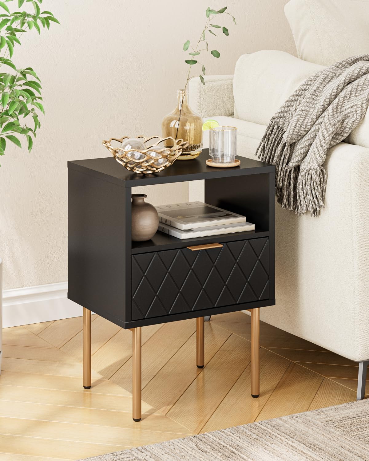 Nightstand,Morden Bedside Table with Gold Frame,Small White Night Stand,End Table,Bedside Furniture,Side Table with Drawer and Shelf for Bedroom,Living Room (1Drawer, Black-Square)