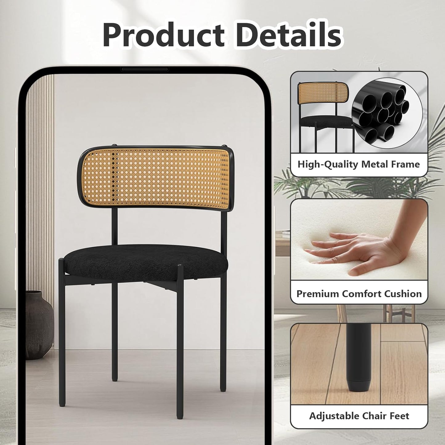 Mid Century Modern Dining Chairs Set of 2 with Rattan Backrest,Velvet Upholstered Accent Kitchen & Dining Room Chairs with Sturdy Metal Frame,Black