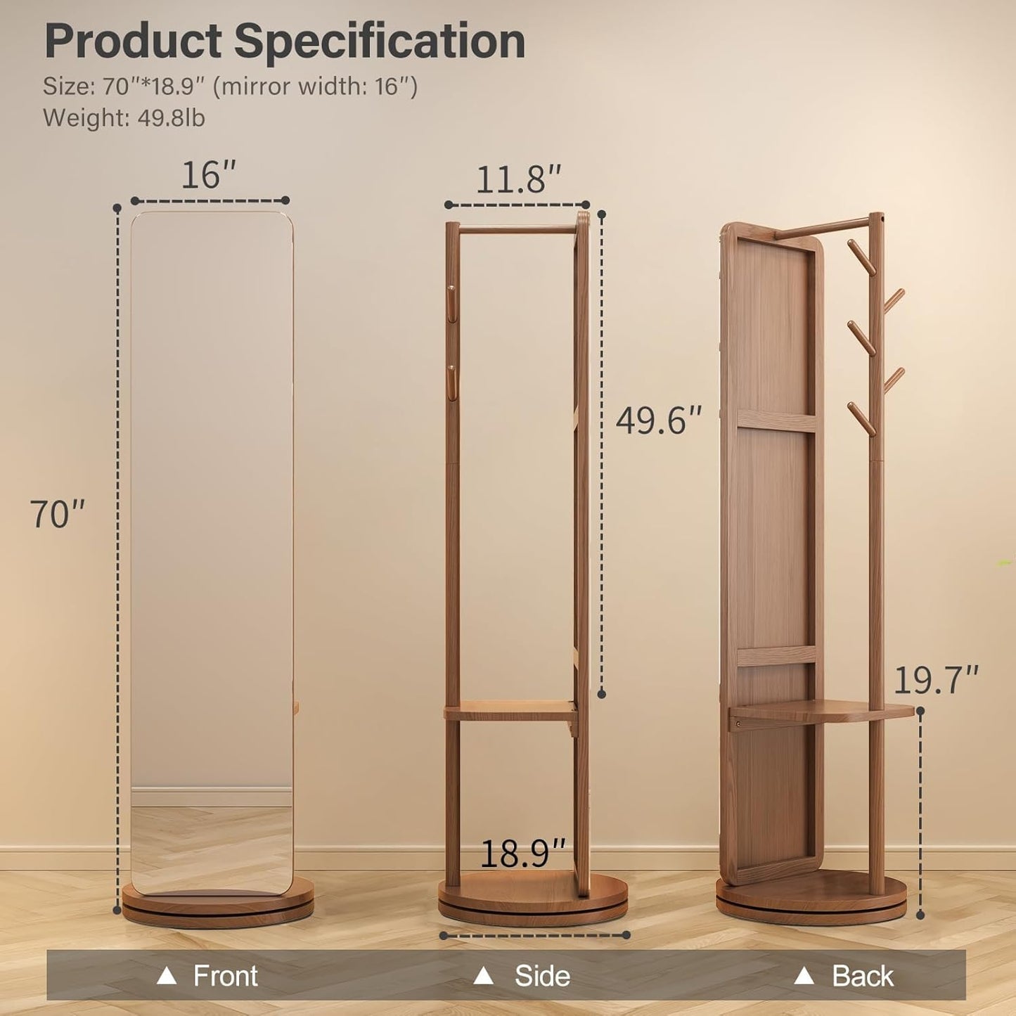 70"x16"Full Length Mirror with Stand,Coat Rack with Mirror,Solid Wood Floor Mirror,Swivel Mirrorfor Bedroom, Living Room, Cloakroom