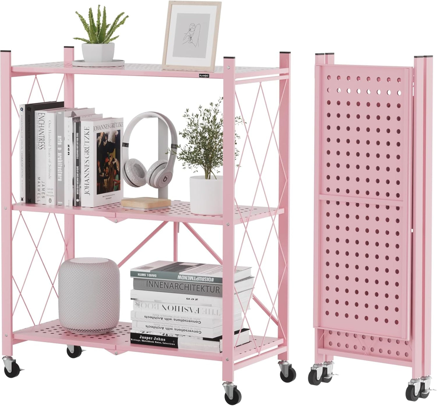 ALANNG Storage Shelves with Wheels, Bookshelf with Storage, No Assembly Metal Rack Shelf for Kitchen, Office, Laundry, Garage (3 Tier, Pink)