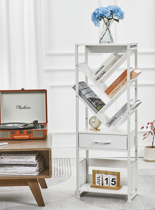 Bookshelf with Drawer,8 Tier Tree Bookcase Retro Floor Standing Bookshelves,Tall Wood Bookcases with Cabinet Storage Organizer for Living Room, Bedroom & Home Office, White