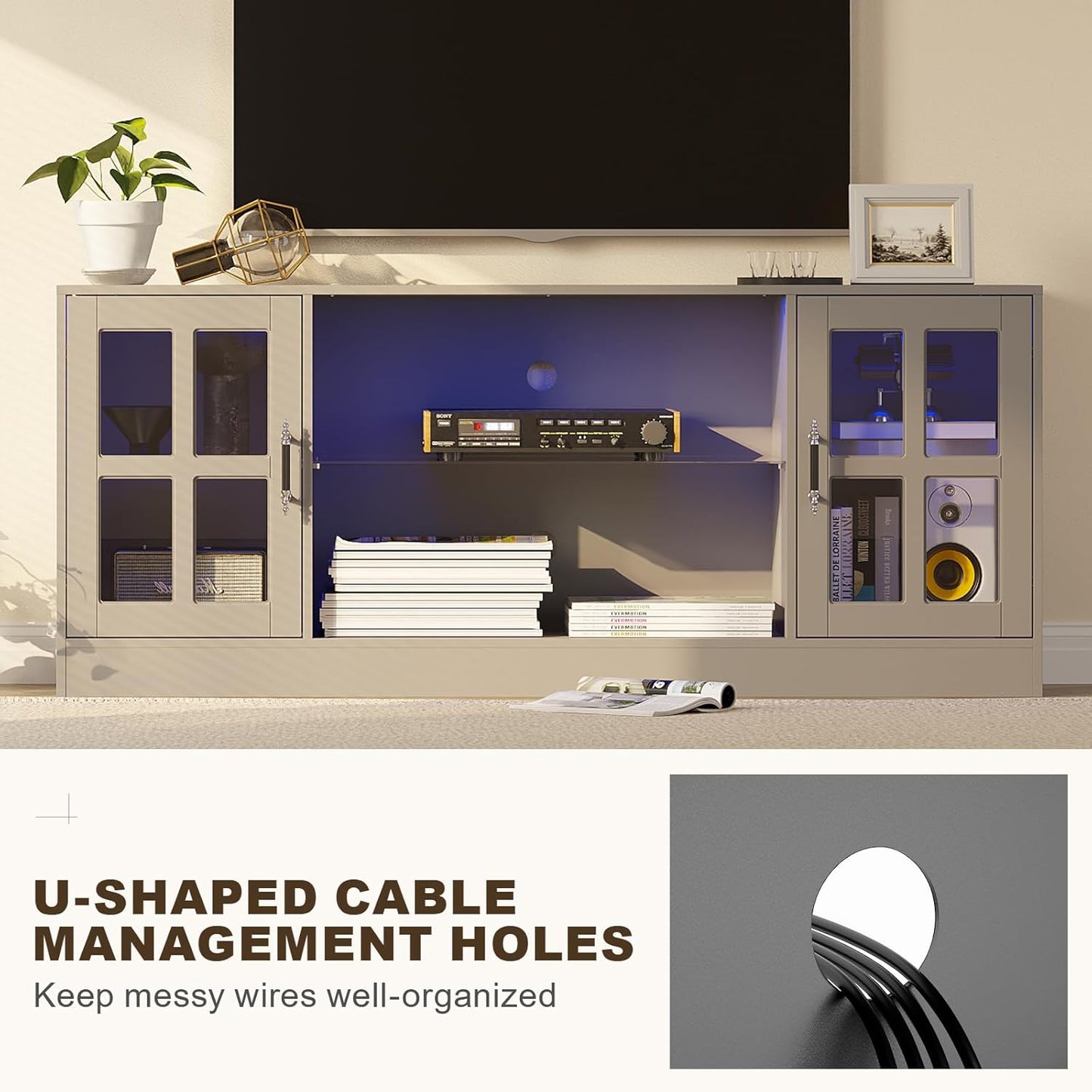 4-Piece Wall Unit TV Stand with Storage & LED Lights for TVs up to 75", Modern Entertainment Center with Bookshelves & 8-Door Pantry Cabinet, Gray