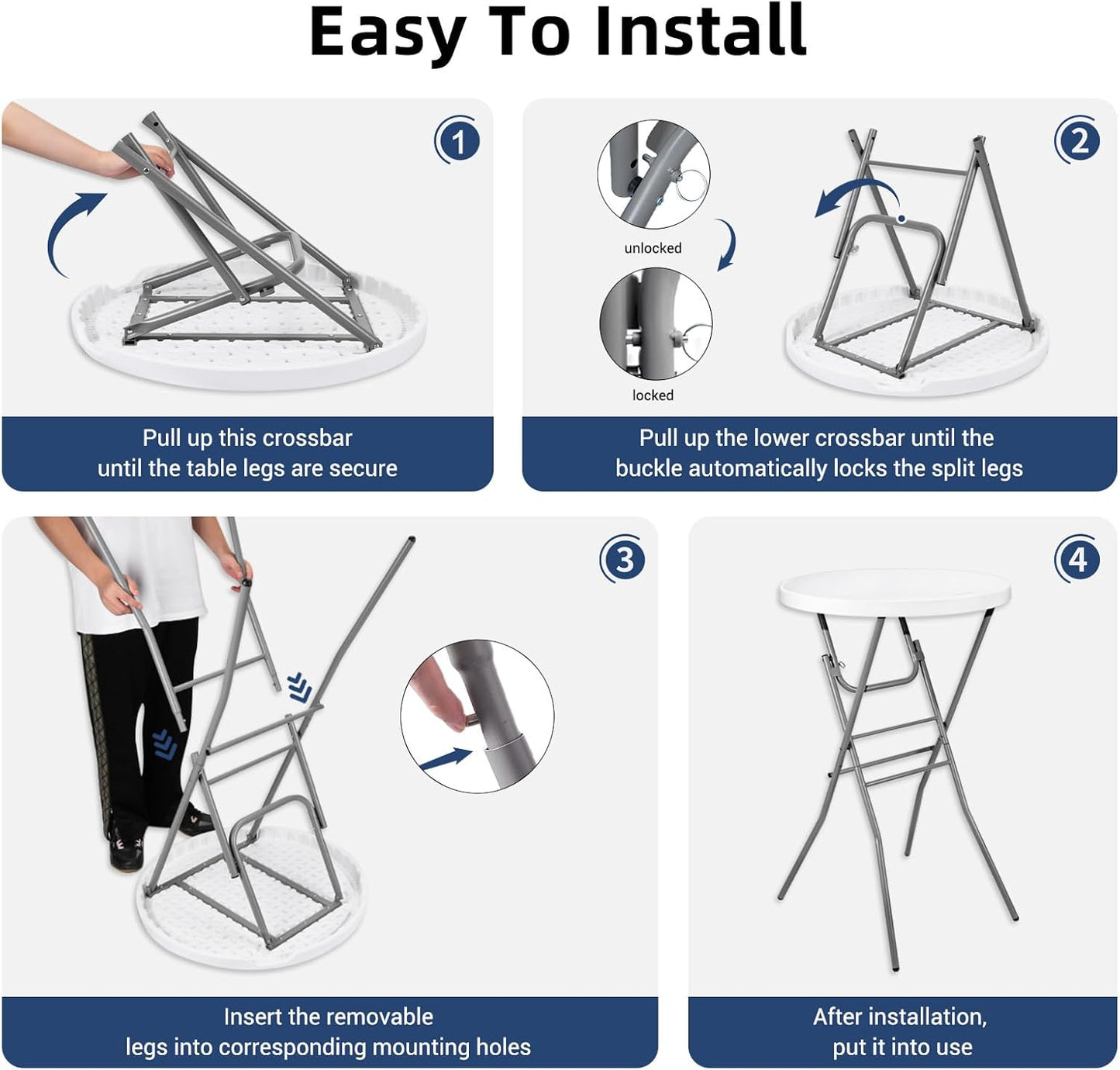 28in Cocktail Table White High Top Folding, Round Portable Bar Height Folding Table with Removable Legs, Indoor Outdoor Banquet for Parties, Commercial, Speech, School
