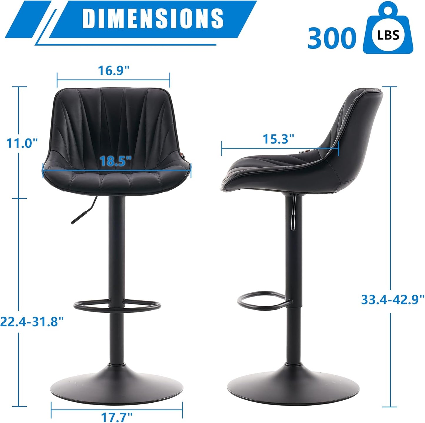 YOUNIKE Bar Stools Set of 2 for Kitchen Island, Black Swivel Tall Bar Stools, Adjustable Barstools with Back, Faux Leather Padded Stools, Modern Counter Height Bar Chairs with 300LBS Support