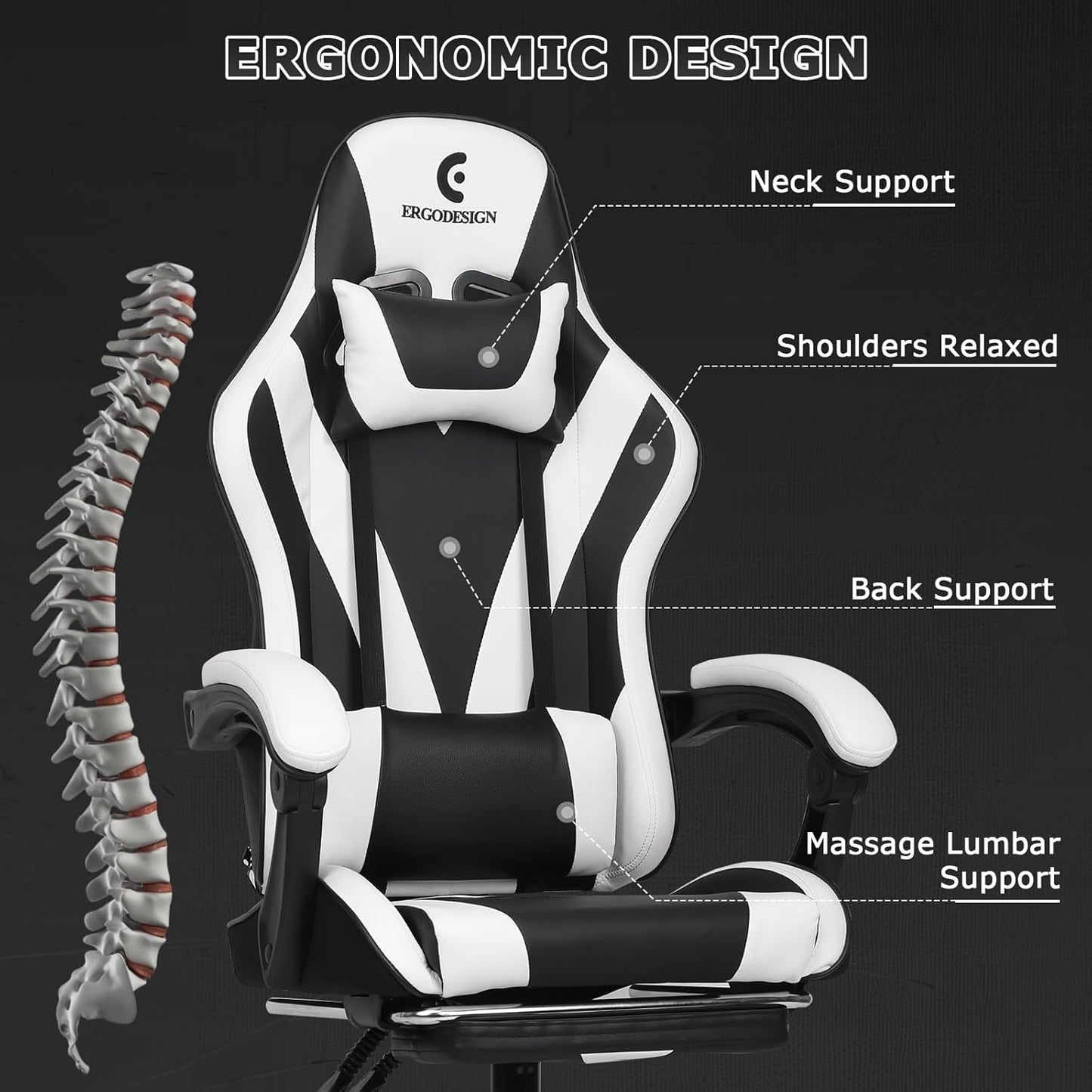 Gaming Chair with Linkage Armrest & Footrest, High Back Video Gaming Chair, Black/White