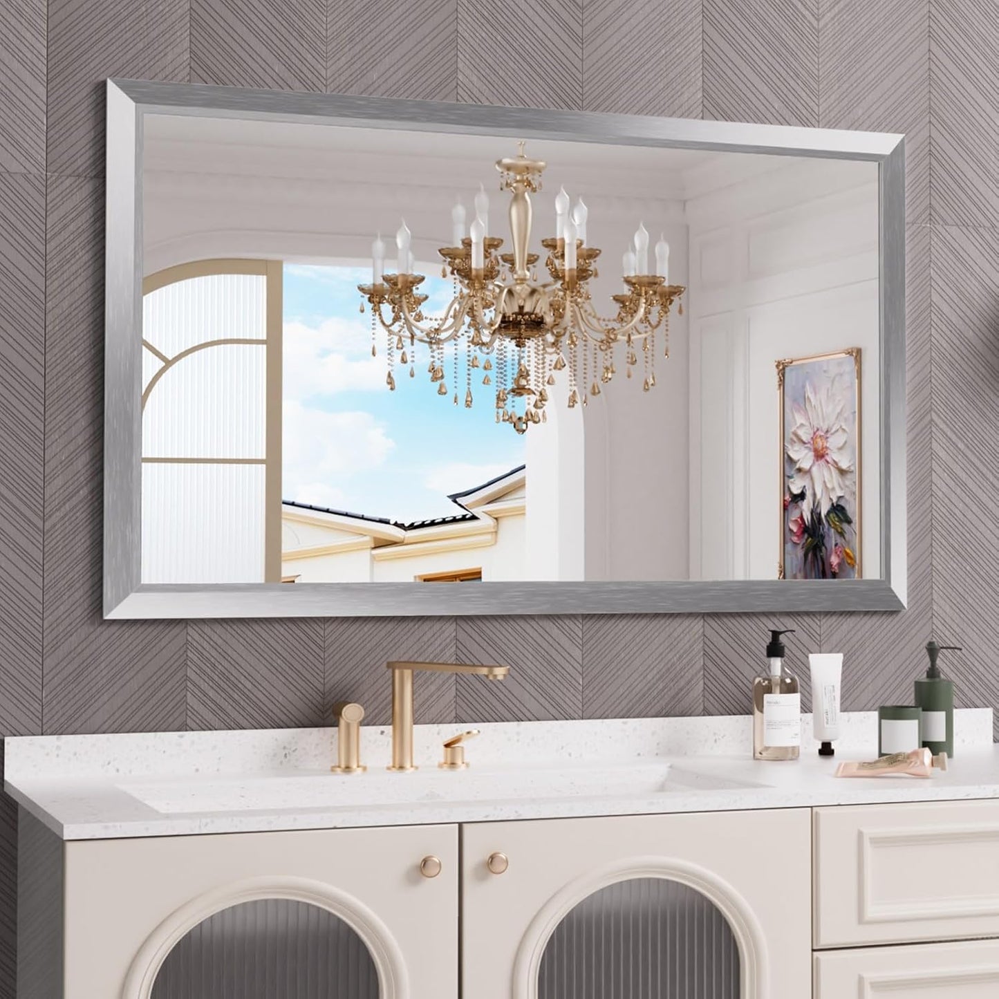 Amorho 60x36 Inch Bathroom Mirror Silver, Thick Metal Framed Wall Mirrors for Over Sink, Brushed Nickel Mirror Perfect for Bedroom, Living Room, Entryway, Rectangle (Horizontal/Vertical).