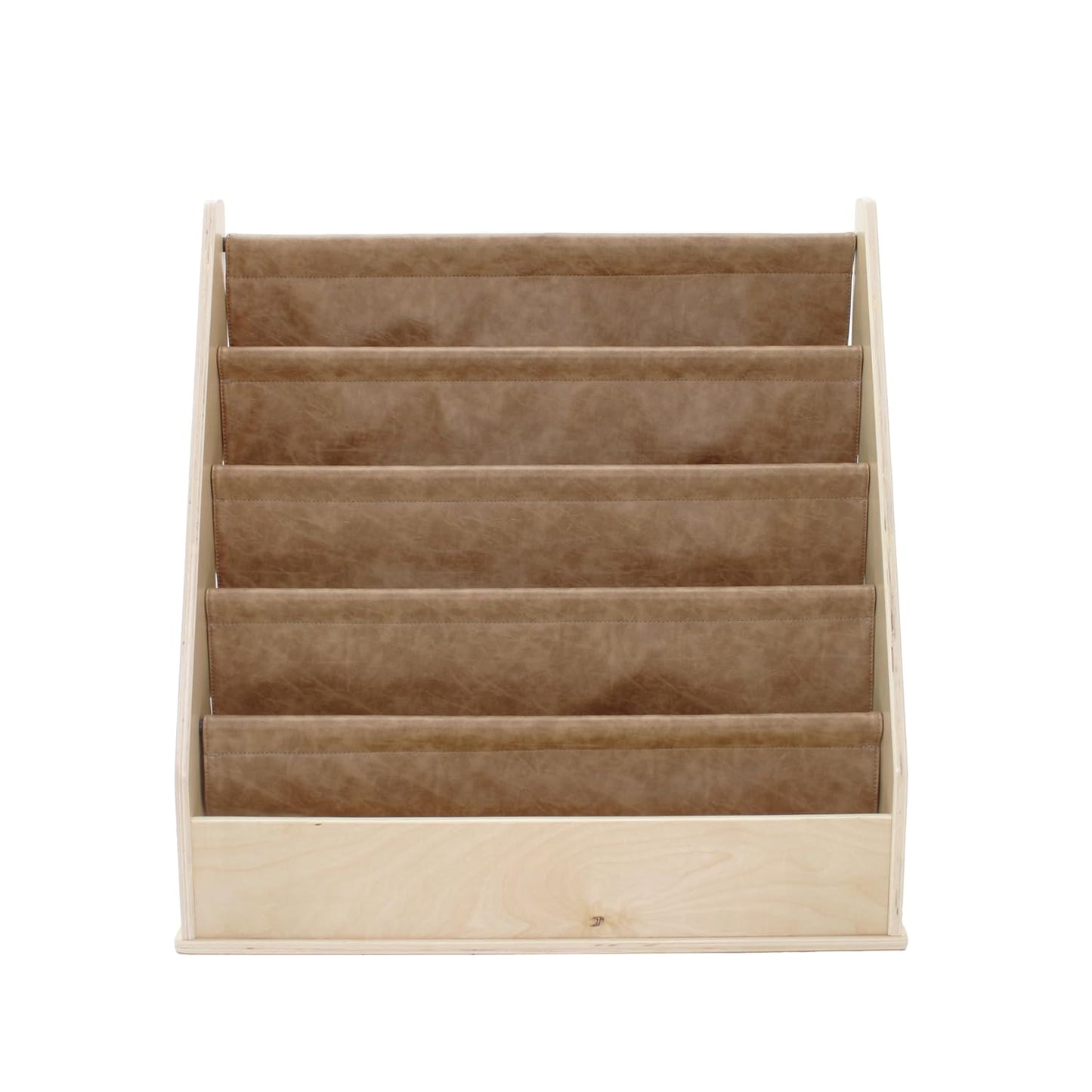 Factory Direct Partners Rustic Kid Birch Sling Book Display; Distressed Faux Leather 4-Shelf Storage for Books or Magazines; Furniture for Bedroom, Playroom, Daycare or Classroom - Pecan, 13745-321