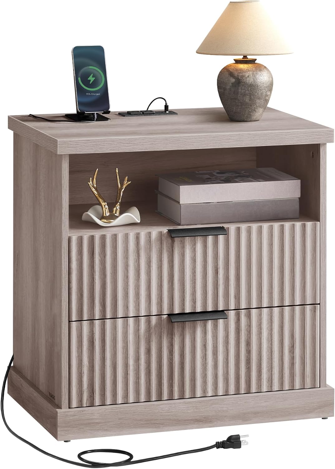 VASAGLE MAXE Collection - Nightstand with Charging Station, Bedside Table, Side End Table with 2 Drawers, Open Shelf, 2 AC Outlets, 2 USB Ports, Transitional, for Bedroom, Washed Gray ULET626G01S