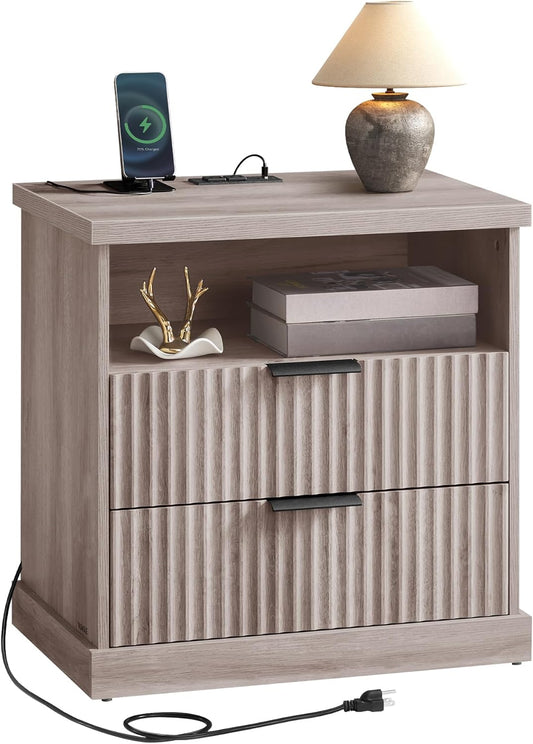 VASAGLE MAXE Collection - Nightstand with Charging Station, Bedside Table, Side End Table with 2 Drawers, Open Shelf, 2 AC Outlets, 2 USB Ports, Transitional, for Bedroom, Washed Gray ULET626G01S
