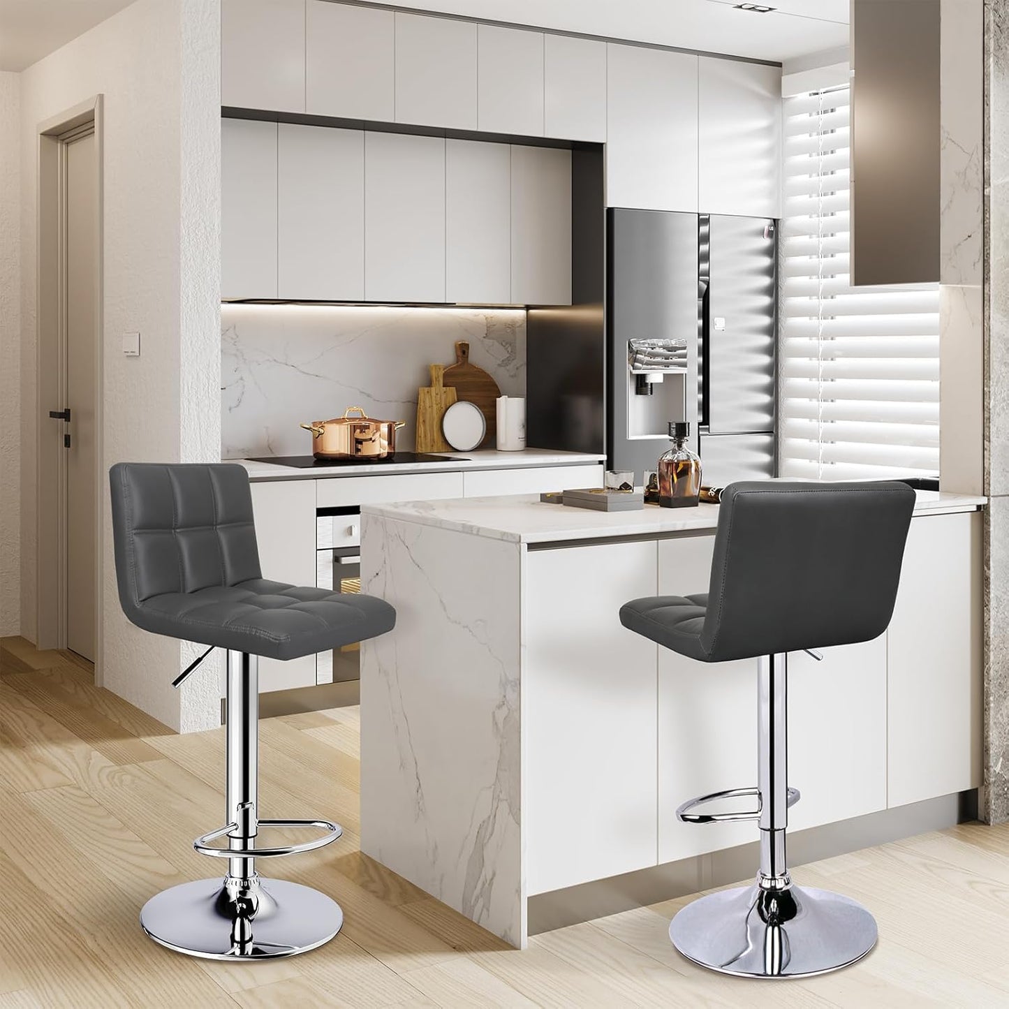 Bar Stools Set of 2, Armless Adjustable Swivel Barstools with Back, Double Needle PU Leather Counter Height Bar Stools for Kitchen Island, Grey