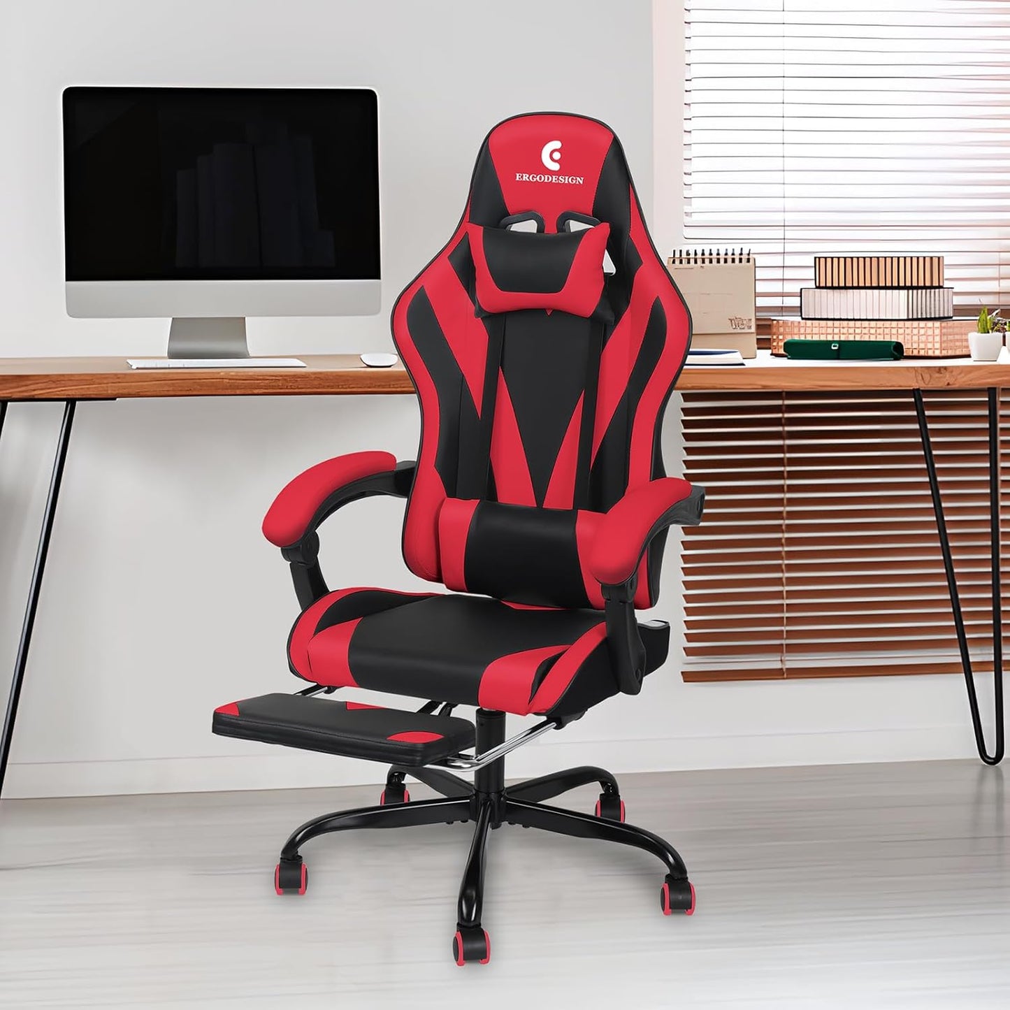 Gaming Chair with Linkage Armrest & Footrest, High Back Video Gaming Chair, Black/Red
