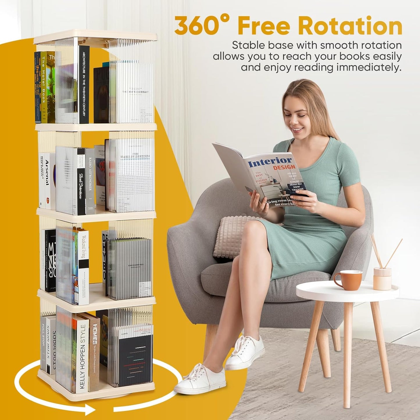 FAHKNS 4 Tier Rotating Bookshelf,360°Display Floor Standing Bookcase,Book Shelf for Small Space Revolving Bookcase for Office Bedroom Living Room,Rectangular