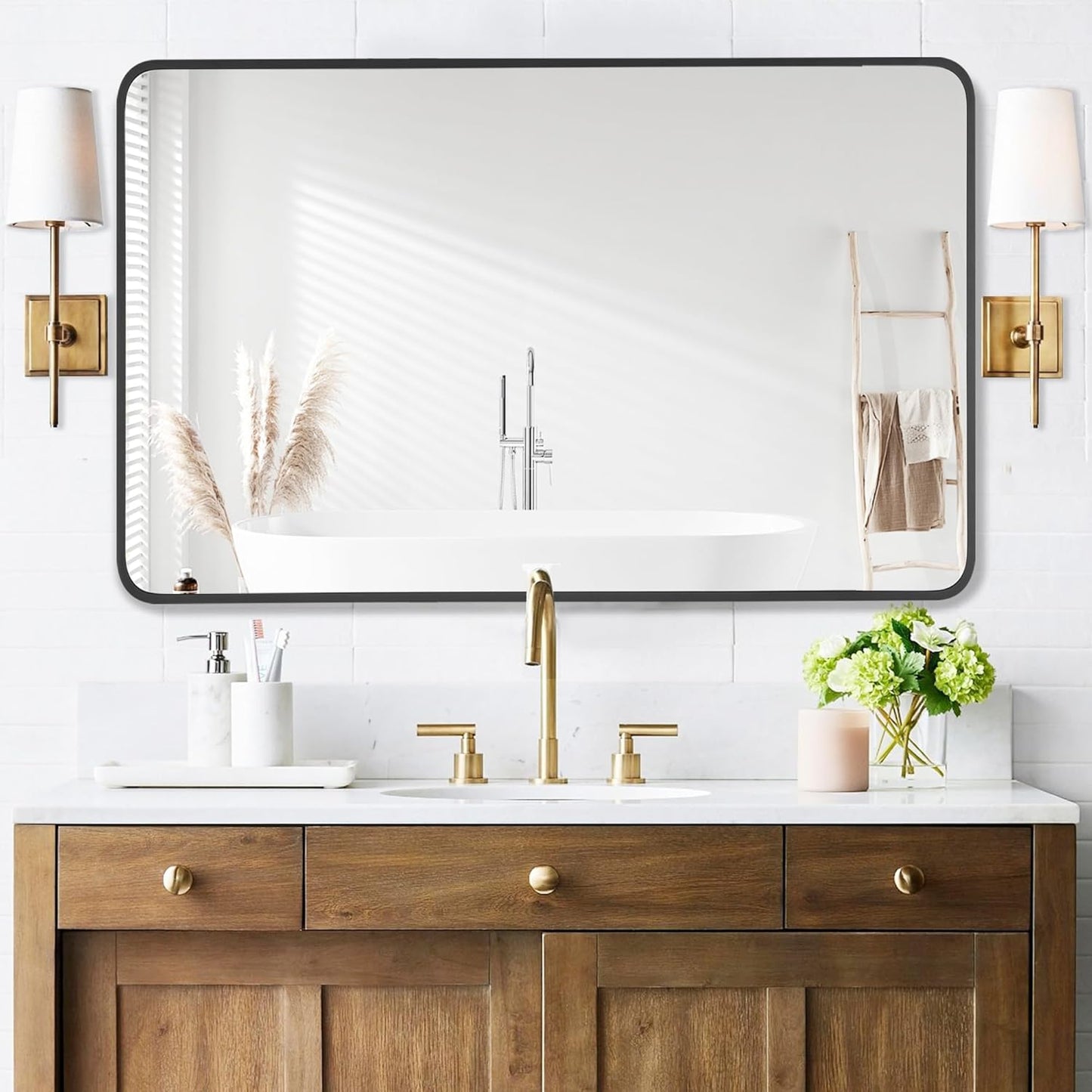 30x48 Inch Rectangle Bathroom Mirror with Black Metal Frame, Rounded Corner Rectangular Vanity Mirror for Wall, Modern Large for Bedroom, Living Room, Horizontal or Vertical