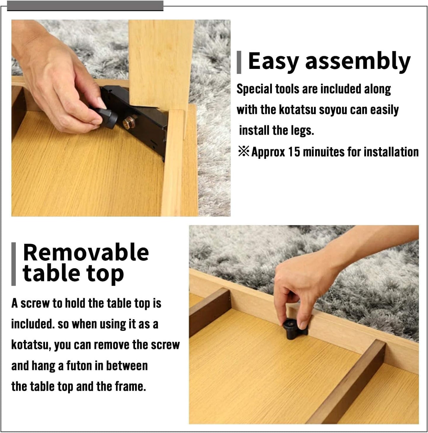 BJDesign Kotatsu - Japanese Heated Table - Wooden Chabudai Furniture with 120V Electric Heater - Low-Lying Dining and Work Desk with Temperature Control Knob (47x31in, Natural)