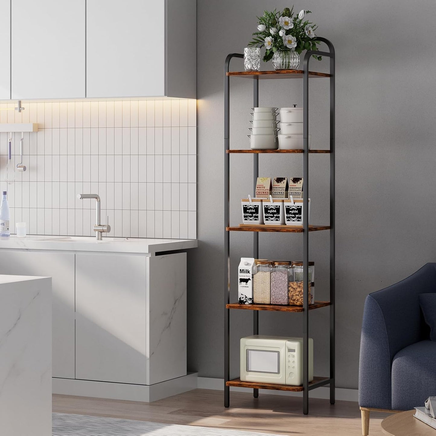 5 Tier Bookshelf, Bookcase with 5 Shelves, Storage Rack Organizer, Corner Wood Storage Shelf with Metal Frame for Bedroom, Living Room, Rustic Brown