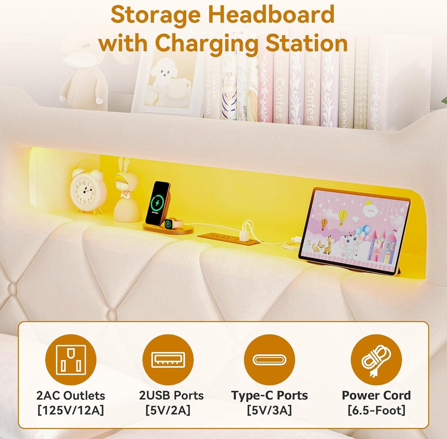 Queen Upholstered LED Bed Frame with 2 Storage Drawers and 2-Tier Storage Headboard,Velvet Princess Platform Bed with Charging Station&Bookcase,Heavy Duty Metal Support,No Box Spring Needed,Beige