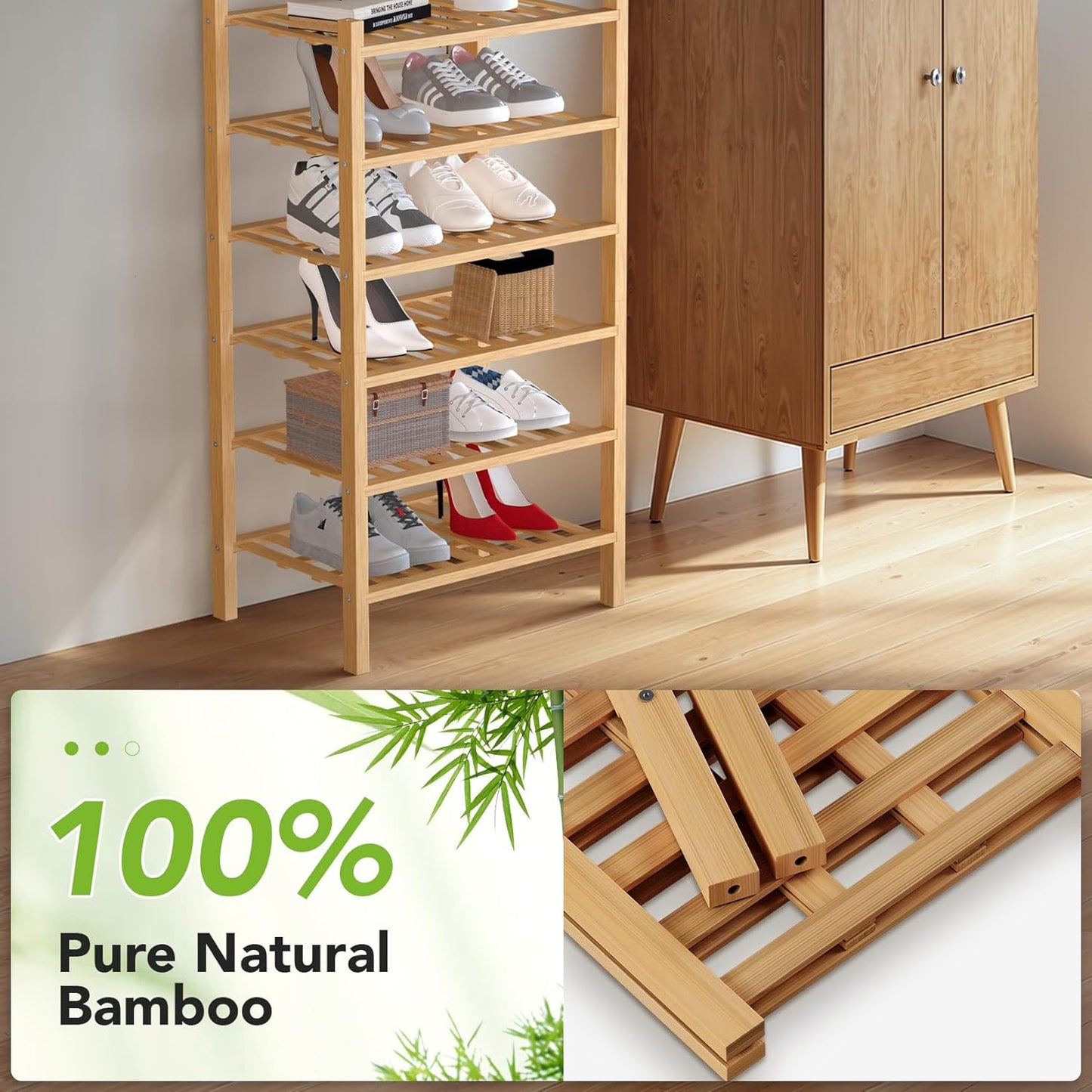 Haddockway small 6 Tier Bamboo Shoe Rack Storage Organizer,Multifunctional Free Standing Stackable Shoe Shelf with Grid Panel for Closet,Hallway,Entryway,Small Space 18"x11"x34"(Natural, 6-Tier Small)