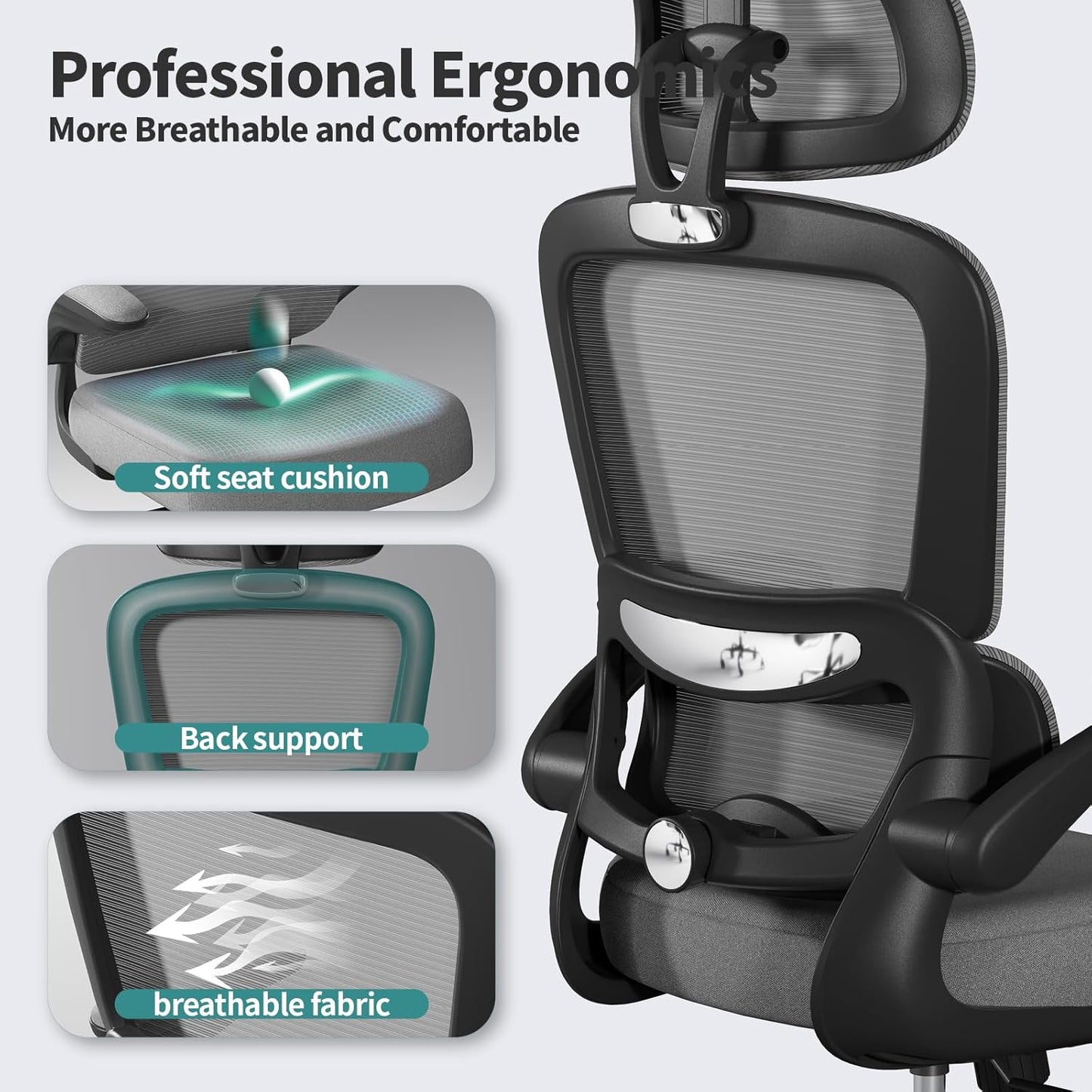 TRALT Office Chair Ergonomic Desk Chair, 330 LBS Home Mesh Office Desk Chairs with Wheels, Comfortable Gaming Chair, High Back Office Chair for Long Hours (Black Grey)