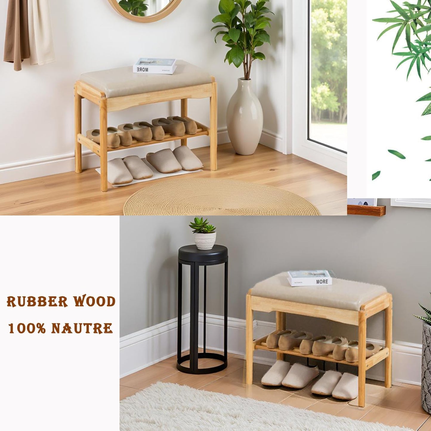 latifolia Small Shoe Bench, Solid Wood Bench with Cushion, 2 Tier Shoe Storage Organizer for Entryway(Nature,23.62''L)
