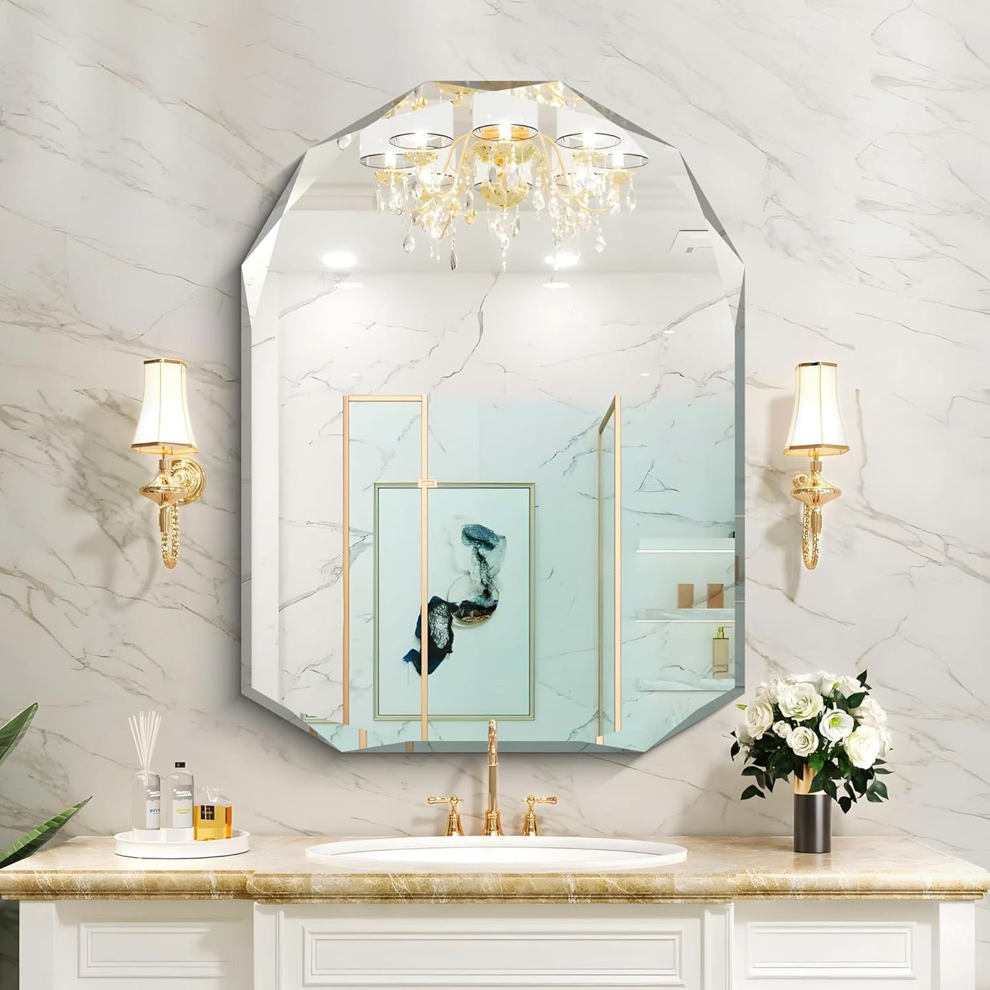 KOCUUY 30"x40" Frameless Mirror, Arched Shape with Diamond-Shaped Beveled Edge,Unframed Decorative with Upgraded Shatterproof Glass,Unique Frameless Mirror for Bathroom,Living Room,Bedroom