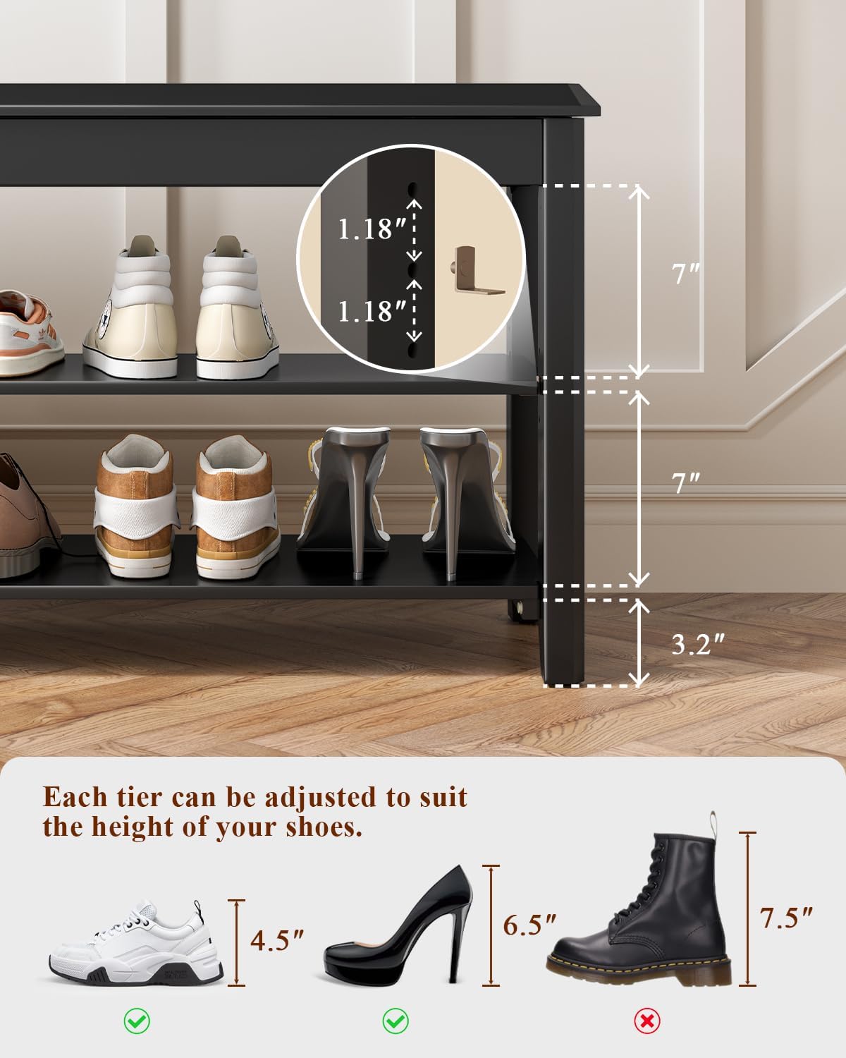 Shoe Rack Bench Seat Rubberwood 2-Tier Wooden Storage Bench 560lbs Compact Mid-Century Modern Design for Entryway, Hallway, Closet, Front Door Entrance, Foyer