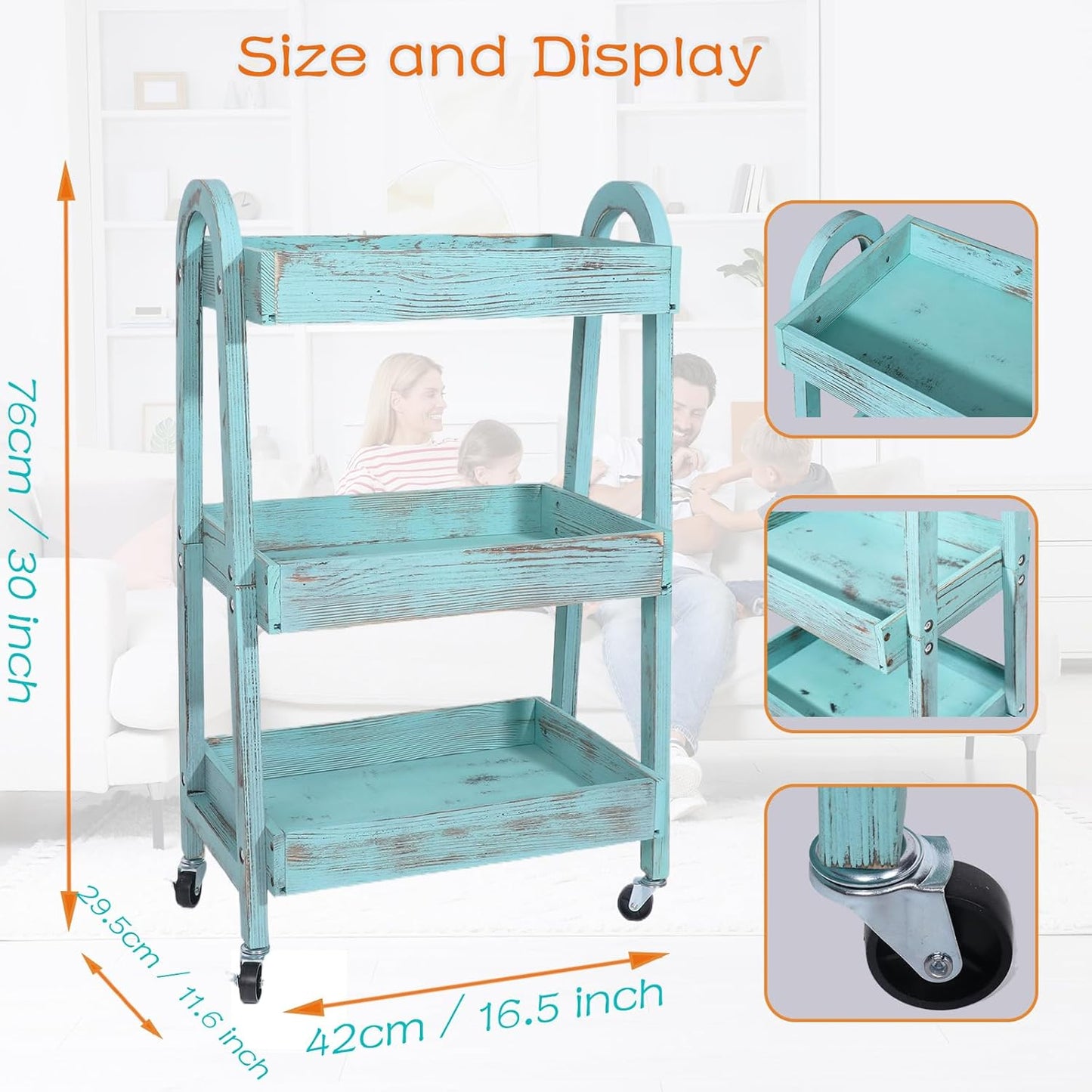 3-Tier Rolling Utility Cart with Lockable Wheels Storage Slim Storage Heavy Duty Cart Mobile Shelving Unit Craft Narrow Organizer for Bathroom Laundry Kitchen (Vintage Blue)