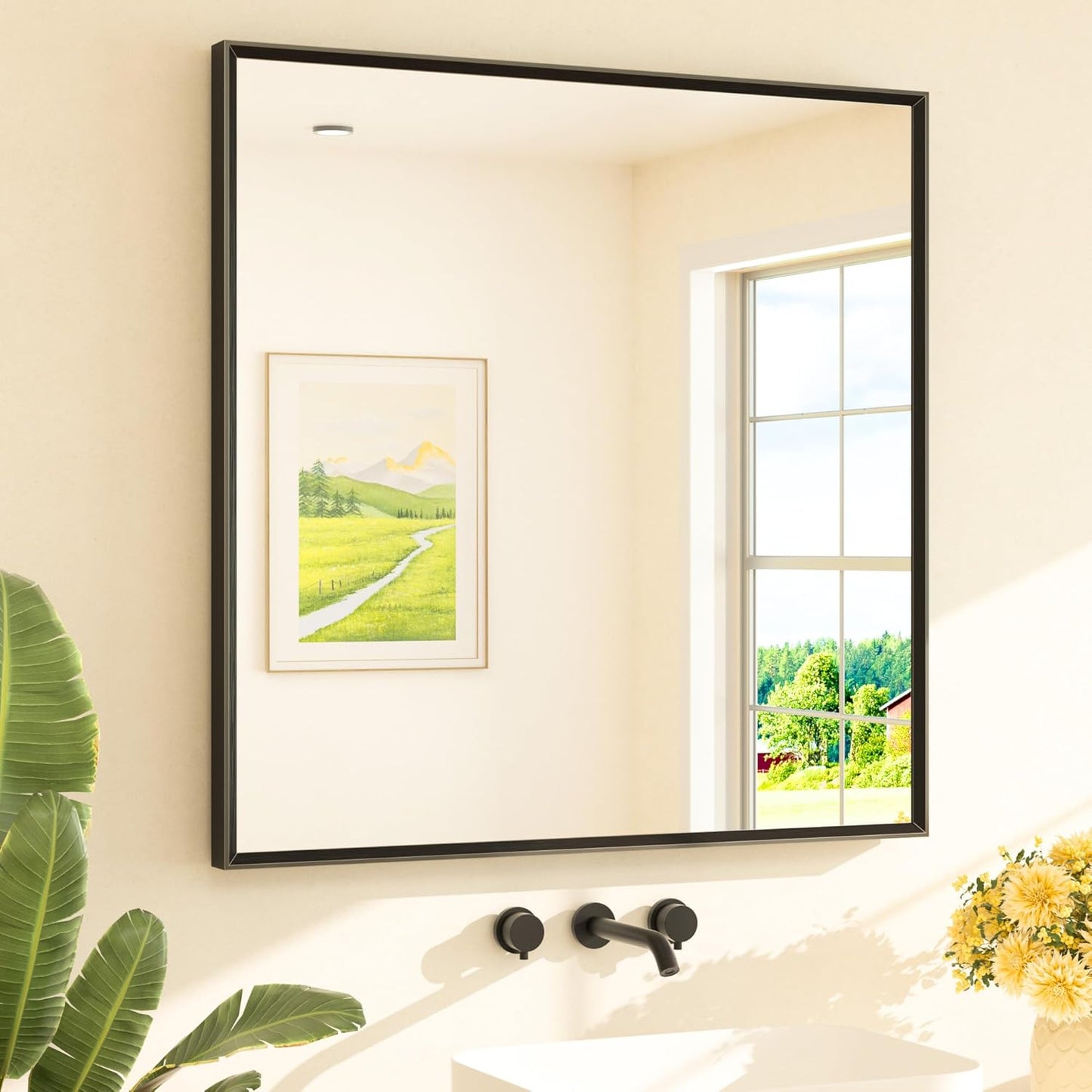 TETOTE Black Framed Mirror for Bathroom Vanity 36" x 36" Matte Black Rectangle Beveled Frame Wall Mirror for Over Sink, Tempered Glass, Modern Farmhouse Bedroom, Entryway, Living Room