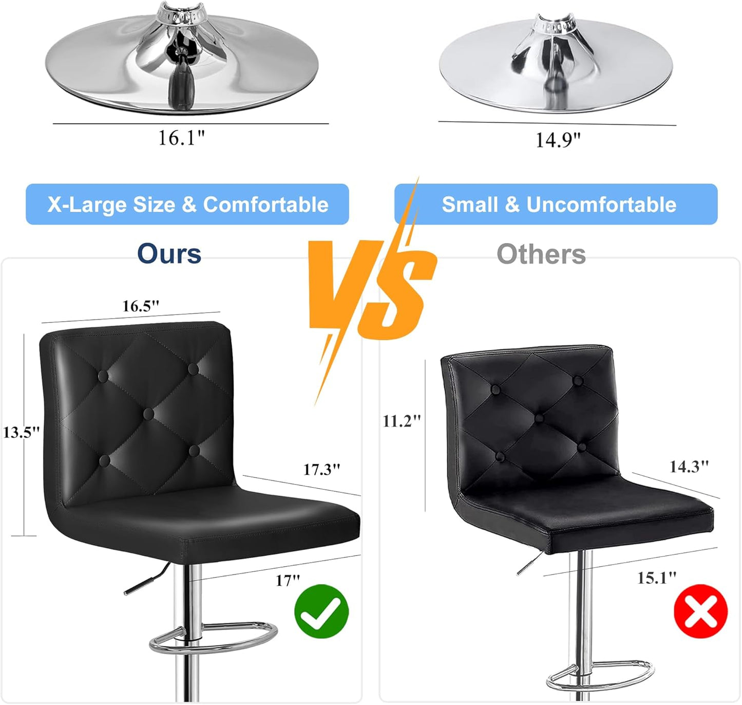 VECELO Adjustable Bar Stools Set of 2, Bar Height Stools for Kitchen Counter